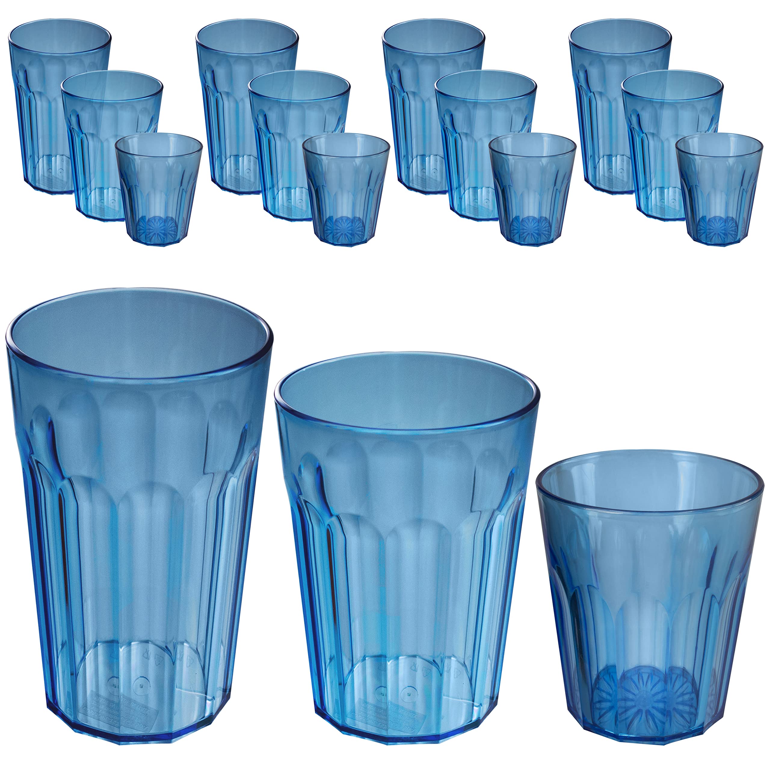 12 Stück Acryl Trinkglas BLAU 4 Personen 250, 450 630ml Glas Set Kunststoff