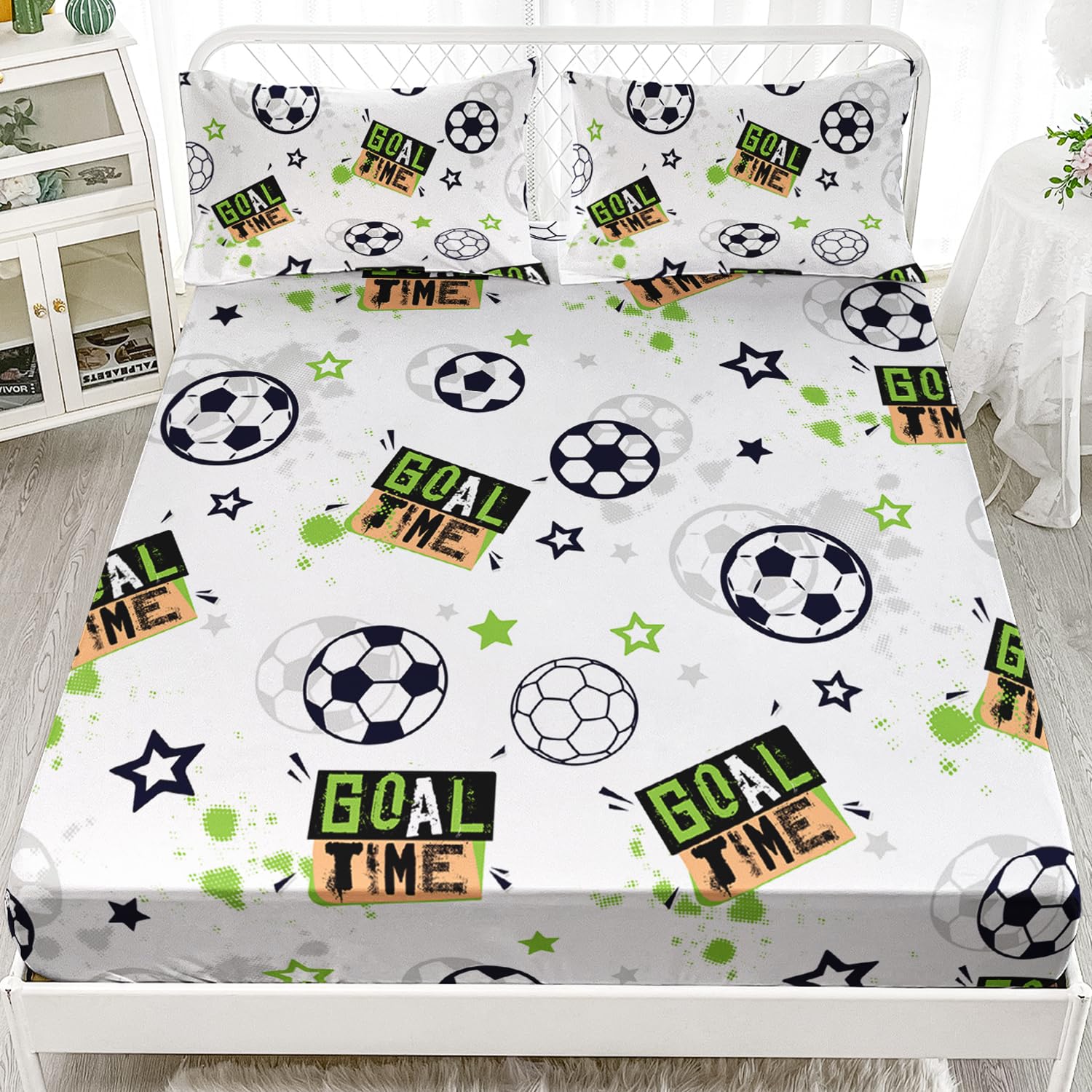 AILONEN Cartoon Soccer Pattern Bed Sheet for Kids Teens Twin XL Size, Soccer Sports Theme Bedding Sheet,Goal Time Style Sheet Set,1 Fitted Sheet and 2 Pillowcases,3 PCS