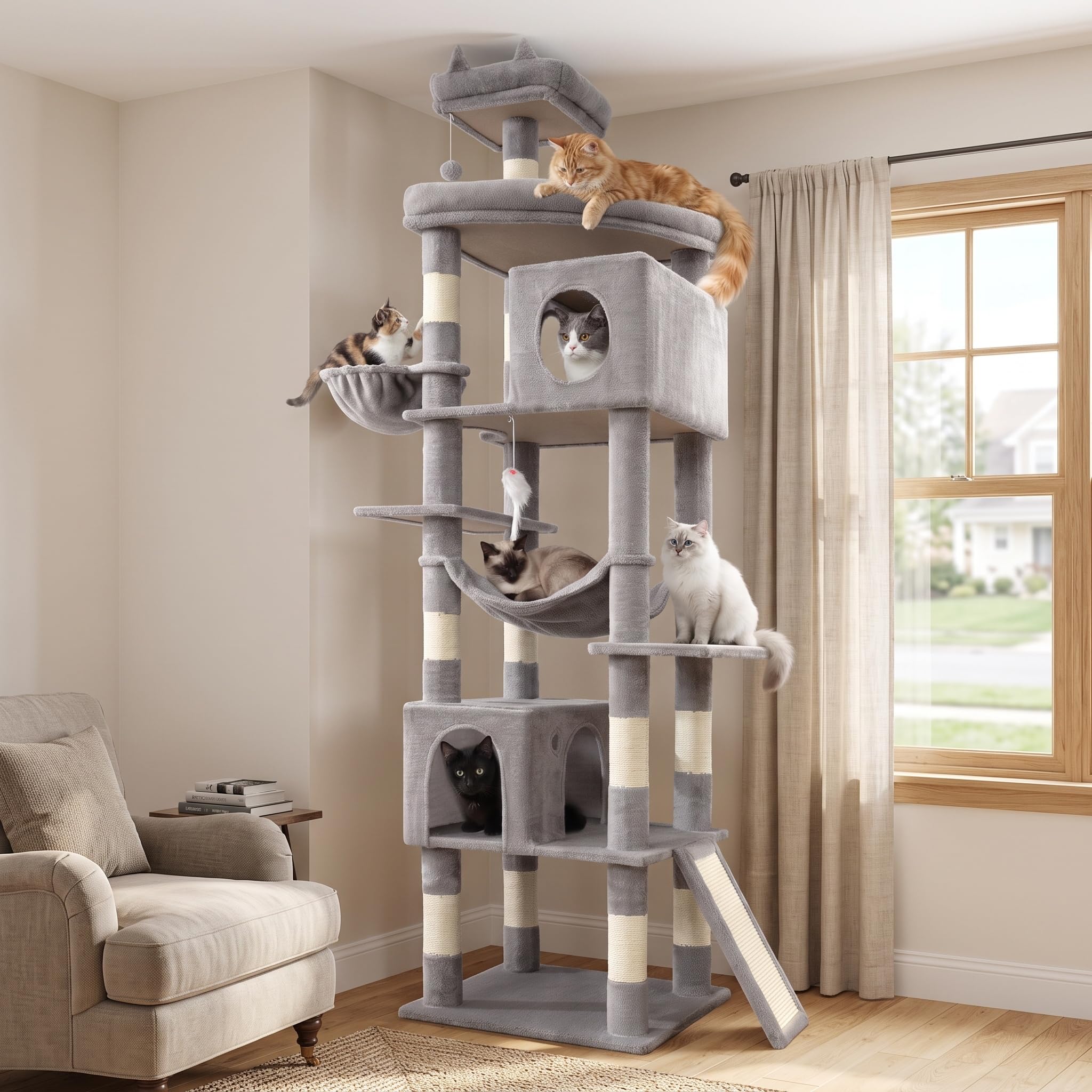 Kratzbaum, 210 cm hoch, Katzenbaum für große Katzen | Kratzbaum Groß, XXL Mehrstöckiger Katzenkratzbaum mit 2 großen Höhlen, 2 Plattformen, Kratzbrett, Hängematte, Sisal Kratzbaum