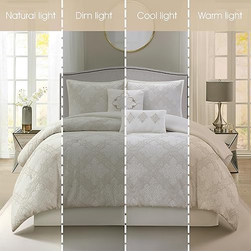 Miniatura 5 de Grand Avenue Juego de edredón blanco de algodón de 6 piezas, juego de cama jacquard tamaño California King, ropa de cama geométrica para todas las