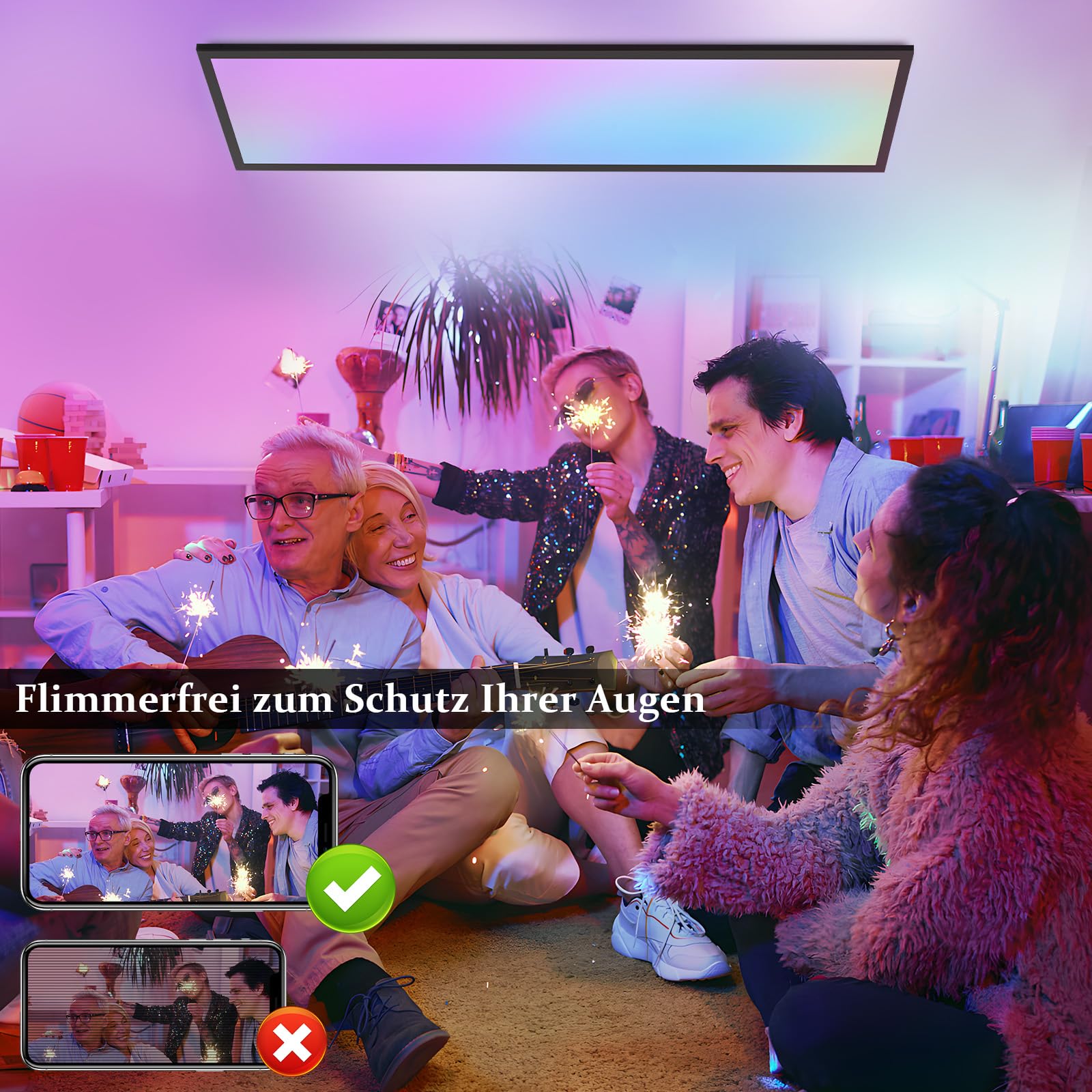 CBJKTX LED Panel 120x30 Dimmbar - Deckenpanel Lang RGB Farbwechsel Büro | Deckenleuchte Flach mit Fernbedienung Bürolampe Decke 39W Schwarz Groß Rechteckig Deckenlampe für Wohnzimmer Korridor Garage