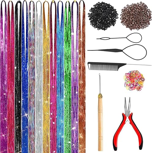Kit de oropel para el cabello (48 pulgadas, 12 colores, 3800 hebras), extensiones de cabello de oropel de hadas con herramientas, accesorios