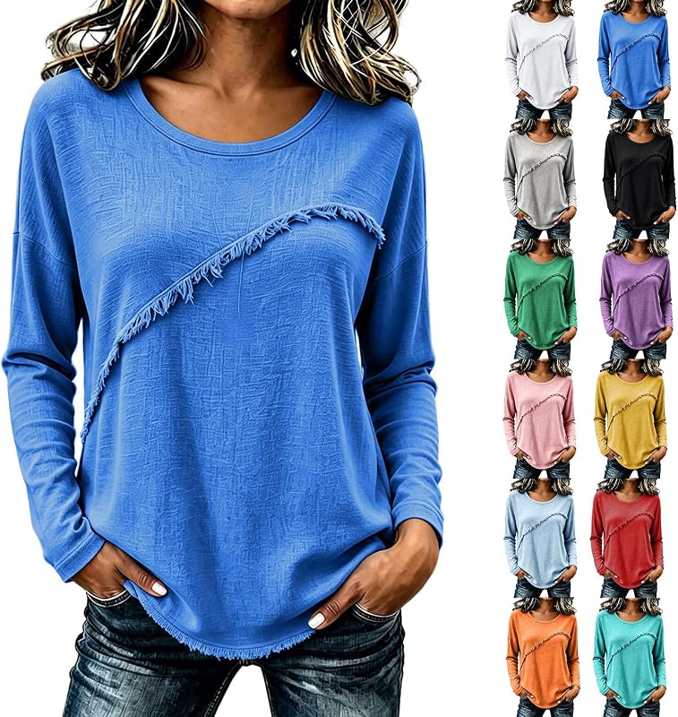 XOGWVJ Fringe Tops for Women Crewneck Long in #Y01-blue