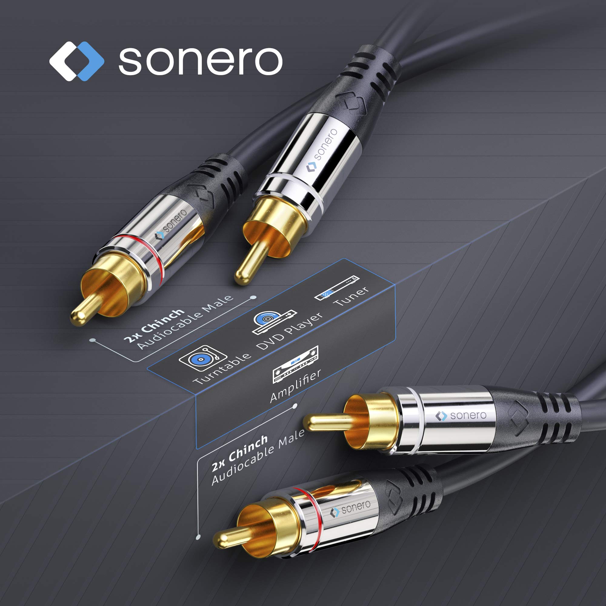 Sonero Premium RCA Audio Cable 2x RCA Male to 2x RCA Male 10 m Gold-Plated Contacts Black, Gold plated, 10,00 m - Image 3