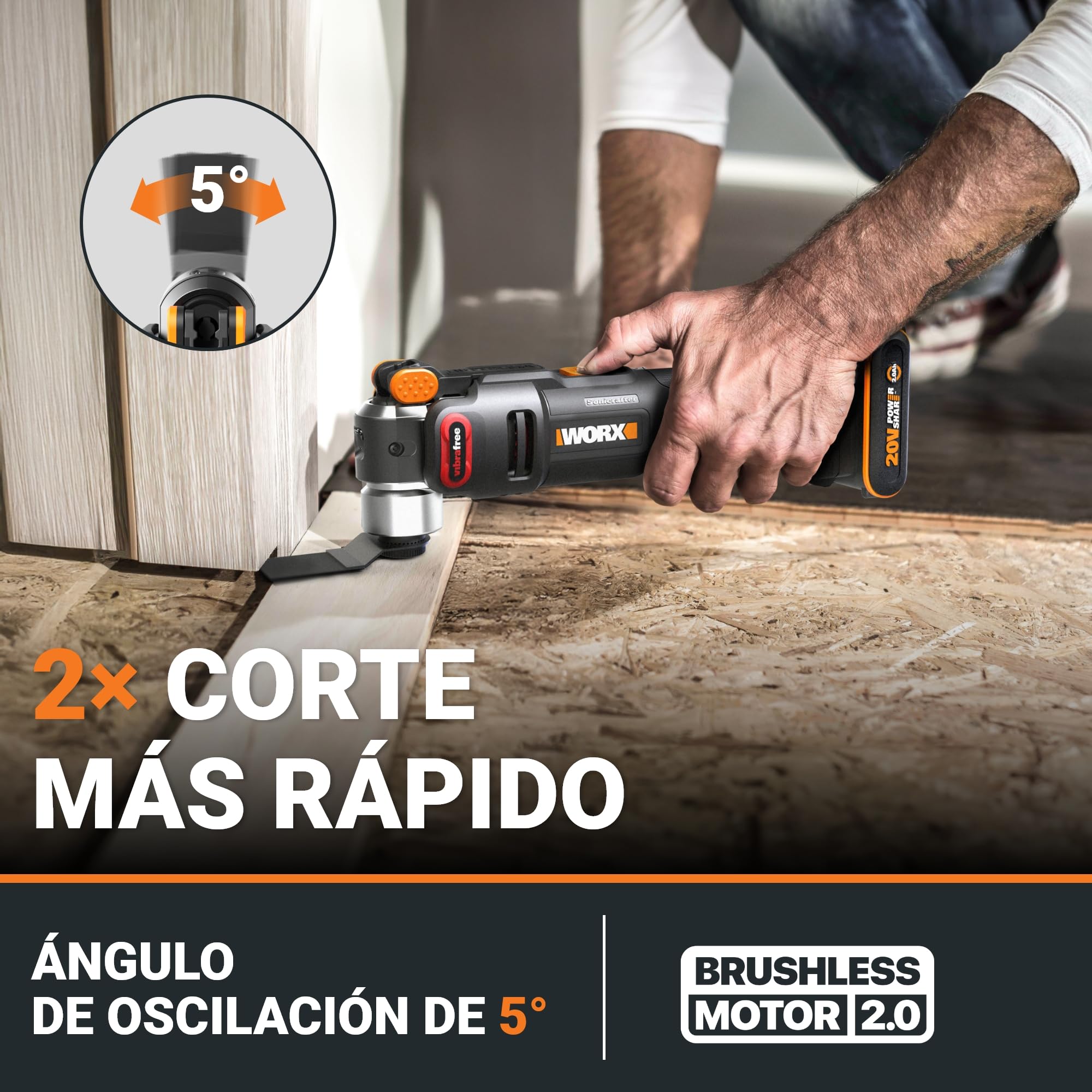 WORX WX698.9 NITRO – Herramienta multifunción inalámbrica 20V, Cortar, serrar, moler, raspar, rascar, sin escobillas, Sistema de fijación universal, 23 accesorios, sin batería ni cargador