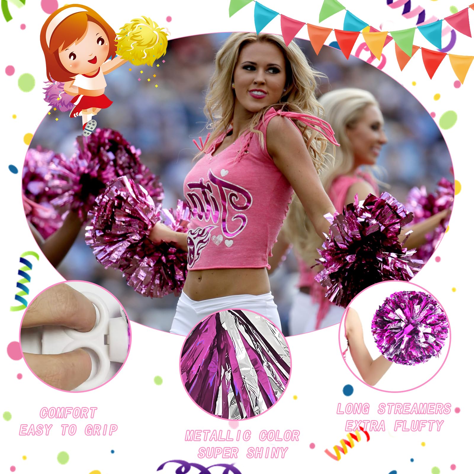 Meanju 3 Piezas Pompoms Animadoras, Pompones de Animadora con Asas, Pompones Animadora Rosa, Cheerleader Pompom para Deportes Team Spirit Cheering Reemplazo para Fiestas Pompones Deportivos — view 3