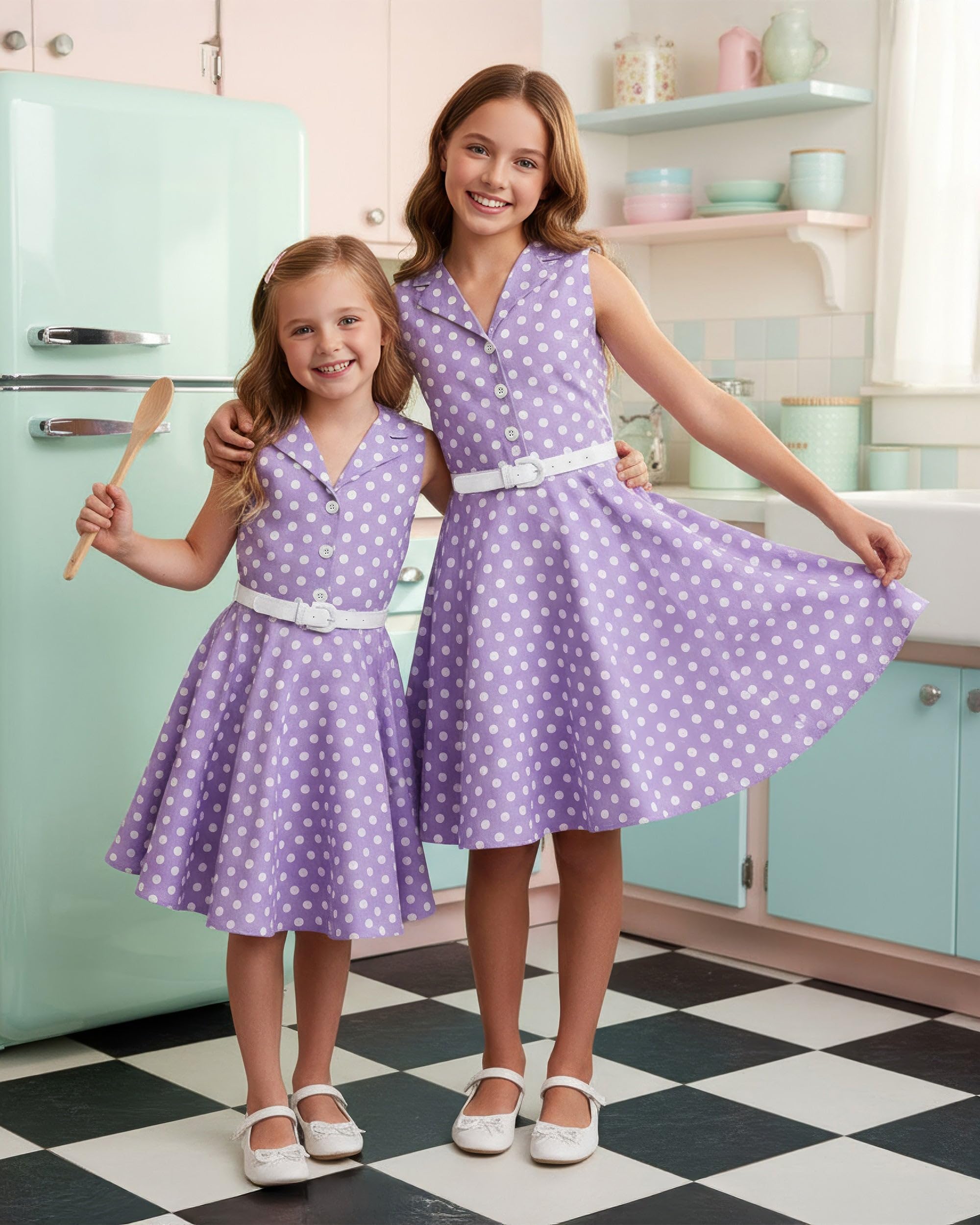 BlackButterfly Vestito Bambina Holly a Pois | Gonna a Ruota, Senza Maniche, Colletto Classico, Abbottonatura, Foderato, Cintura Removibile, 3-14 Anni