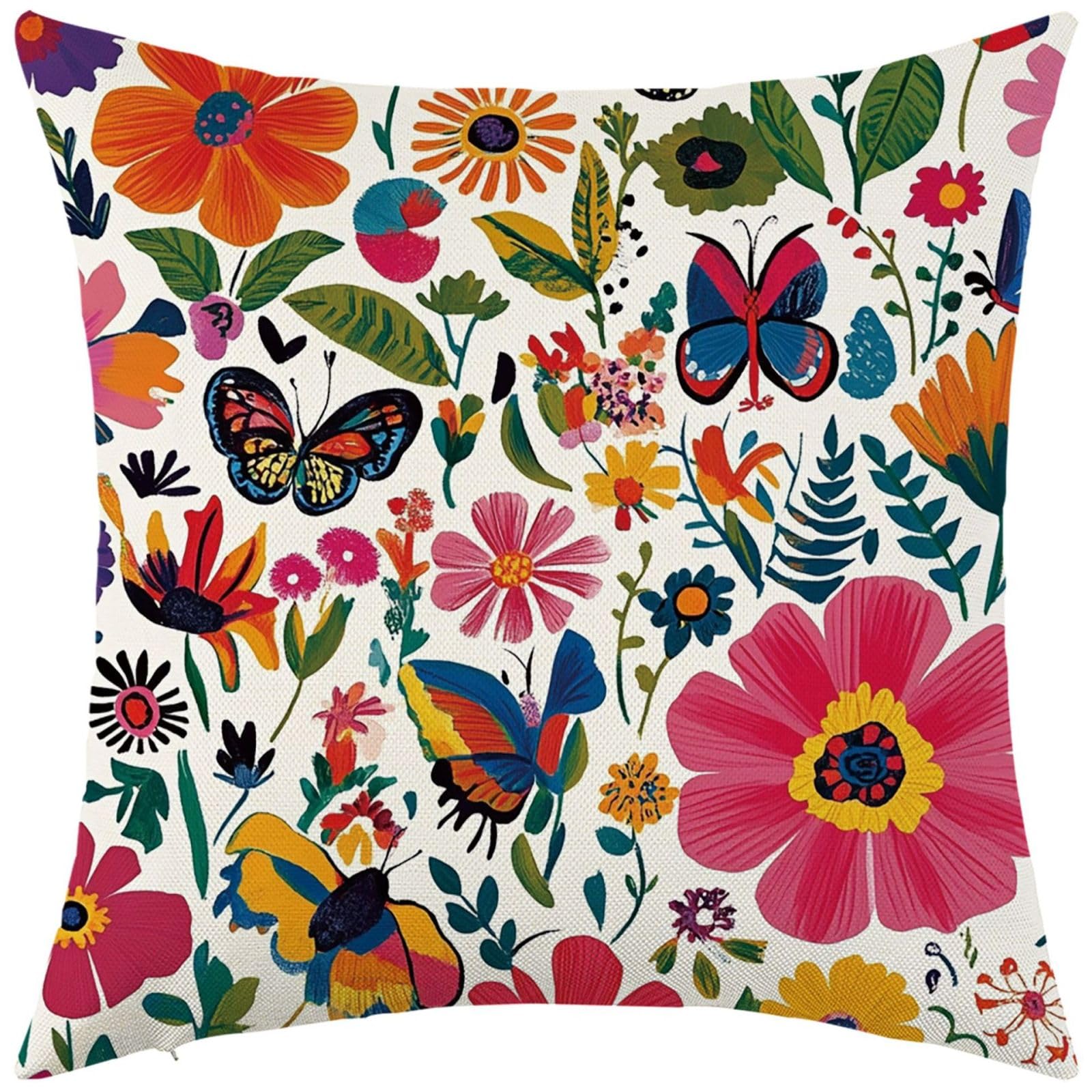 Cushion Covers 40cm x 40cm Blue Pink Butterfly Decorative Pillows Linen Square Sofa Bed Cushions with Invisible Zipper Throw Pillow for Living Room Outdoor Pillowcases