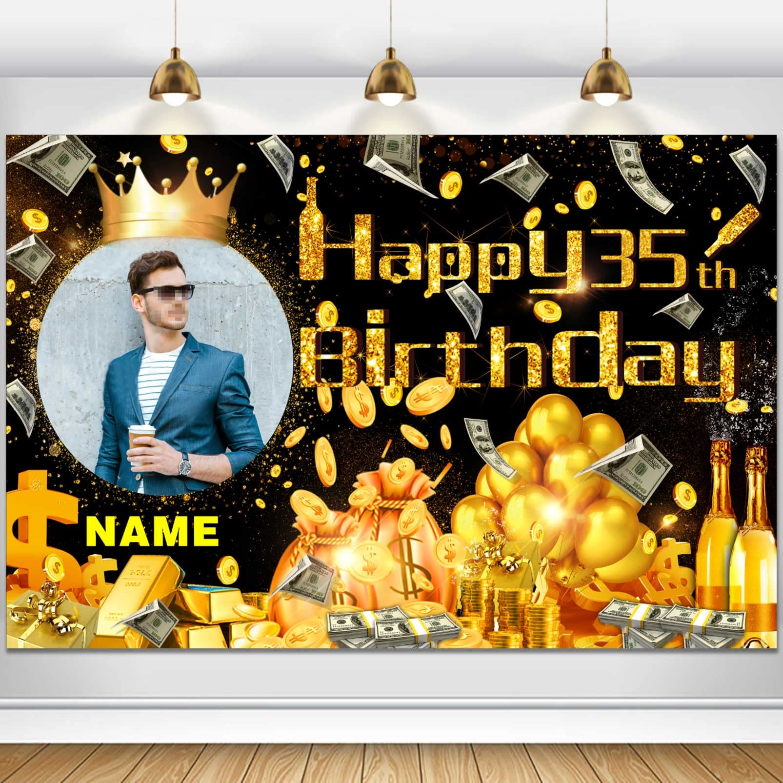 Custom Dollar Money Black and Gold Happy 35th Birthday Party Decorations Supplies Personalized Dollar Money Black and Gold 35th Birthday Backdrop