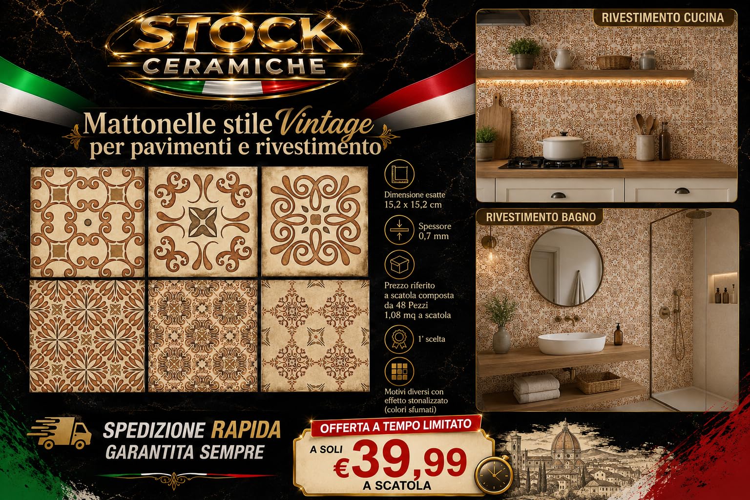 Stock Ceramiche Mattonelle Gres effetto Vintage 15,2x15,2 cm 48 Pz (1 mq)