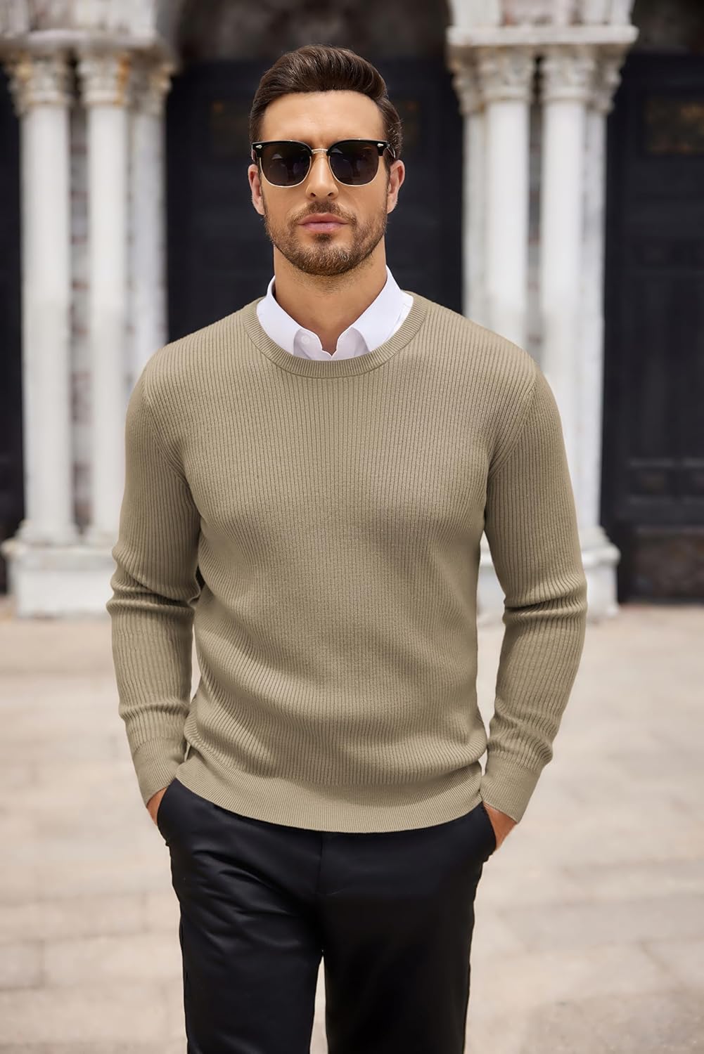 COOFANDY Men's Ribbed Crewneck Sweater Long Sleeve Slim Fit Knitted Pullover Sweater - Image 3