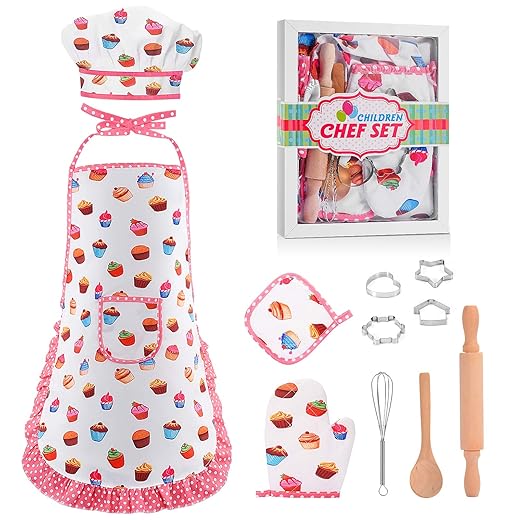 Christmas Gifts for Girls, Toddler Aprons , Toys for 2-6 Year Old Boys Girls Chef Costume Set for Kids Cooking Set Stocking Stuffer for Kids Toddlers White