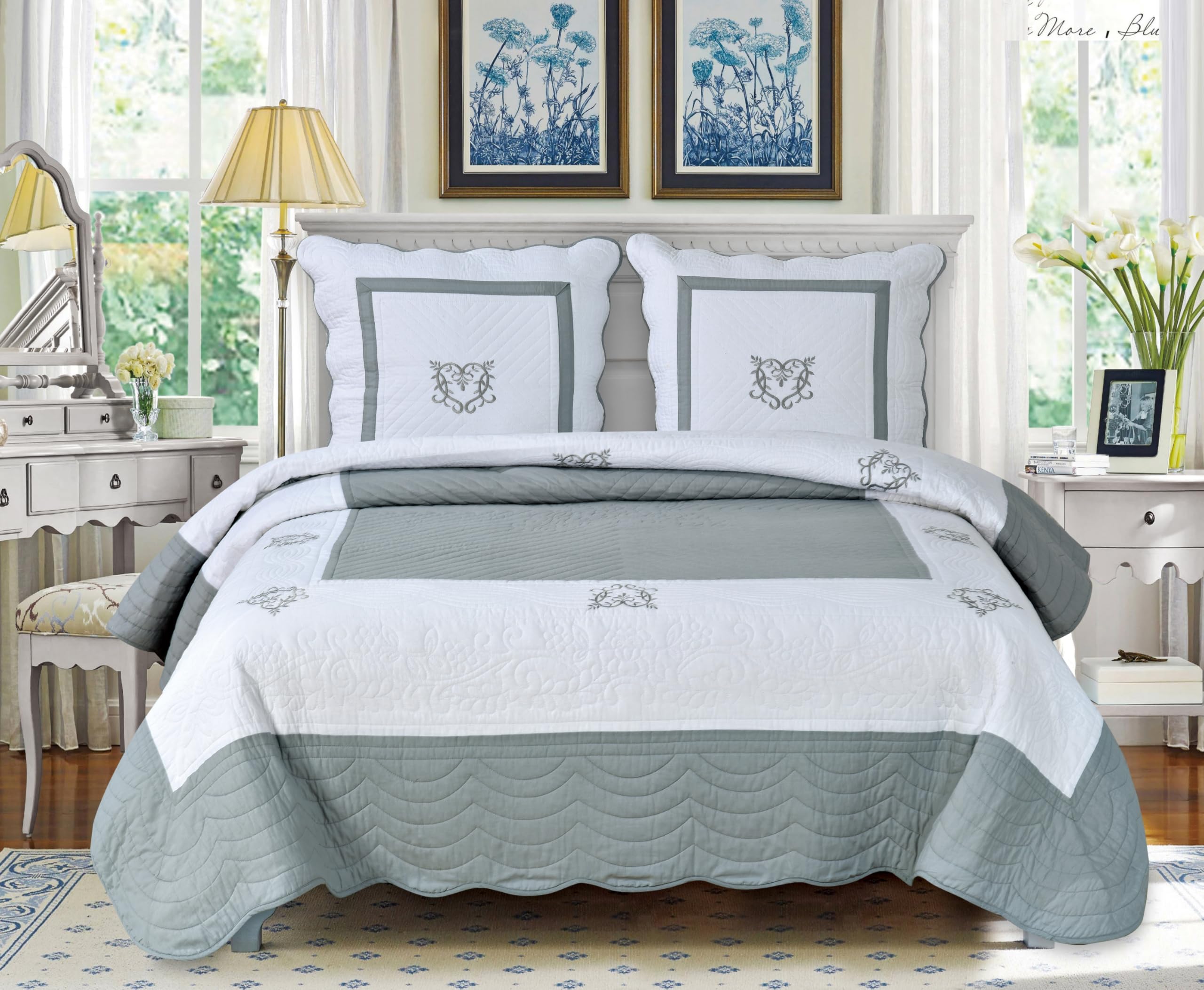 Générique Couvre lit boutis de Luxe 100% Coton 230X250cm avec 2 Taies 65X65cm_Peace Land Gris