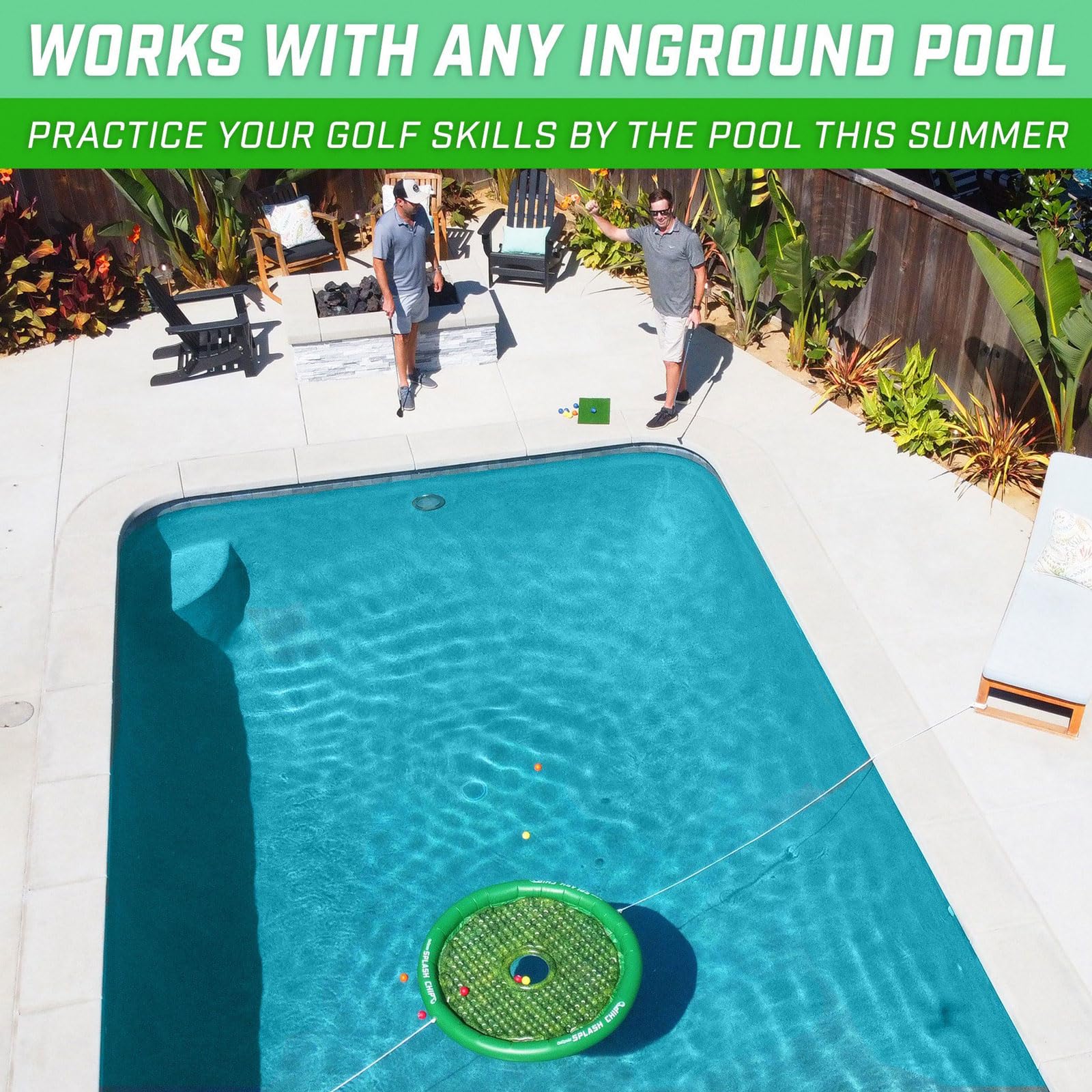 GoSports Splash Chip Jeu Flottant – Cible à ébréchures, 16 Balles de Golf en Mousse, Tapis d'écaillage, Cordes d'attache