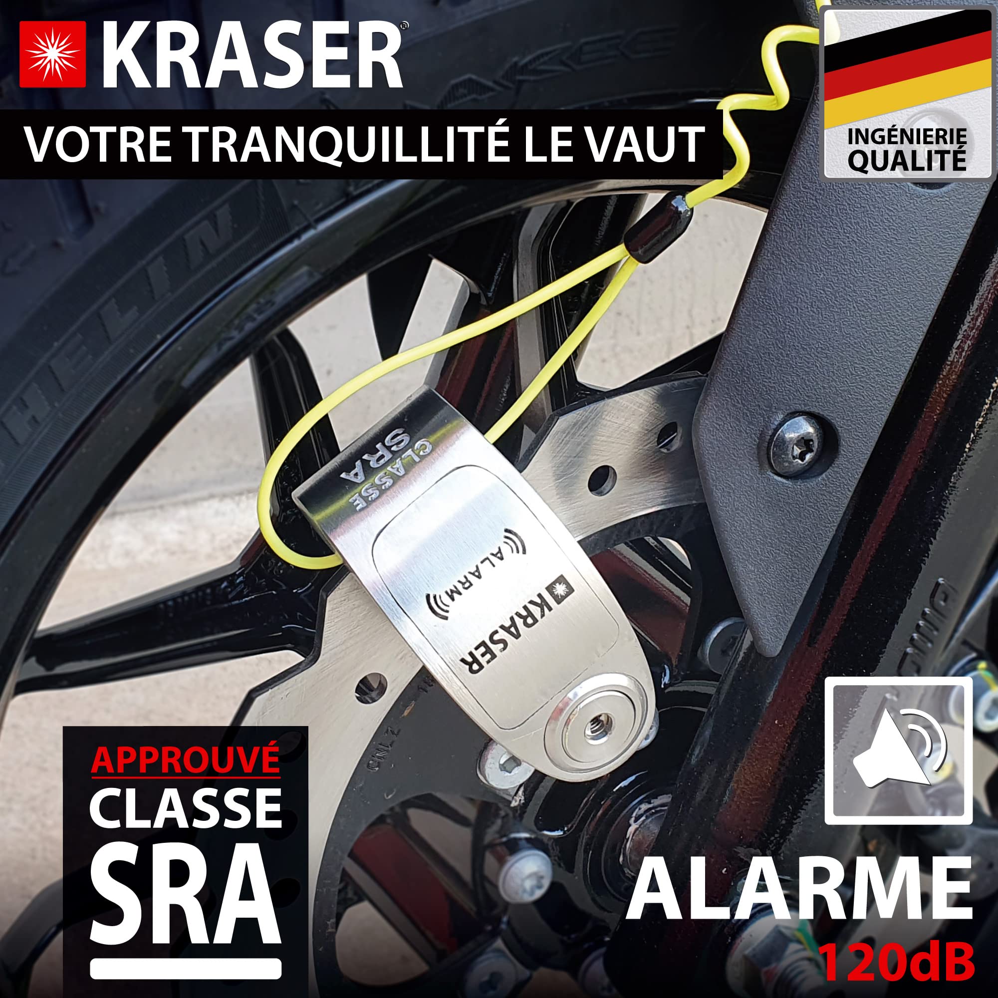 KRASER KR14S Antivol Moto Homologué SRA, Bloque Disque avec Alarme Optionnelle 120dB On/Off, Serrure Haute Sécurité Anti-Crochetage, Robust Bloc Acier inoxydable, Double Verrouillage Anti-Scie ø14mm