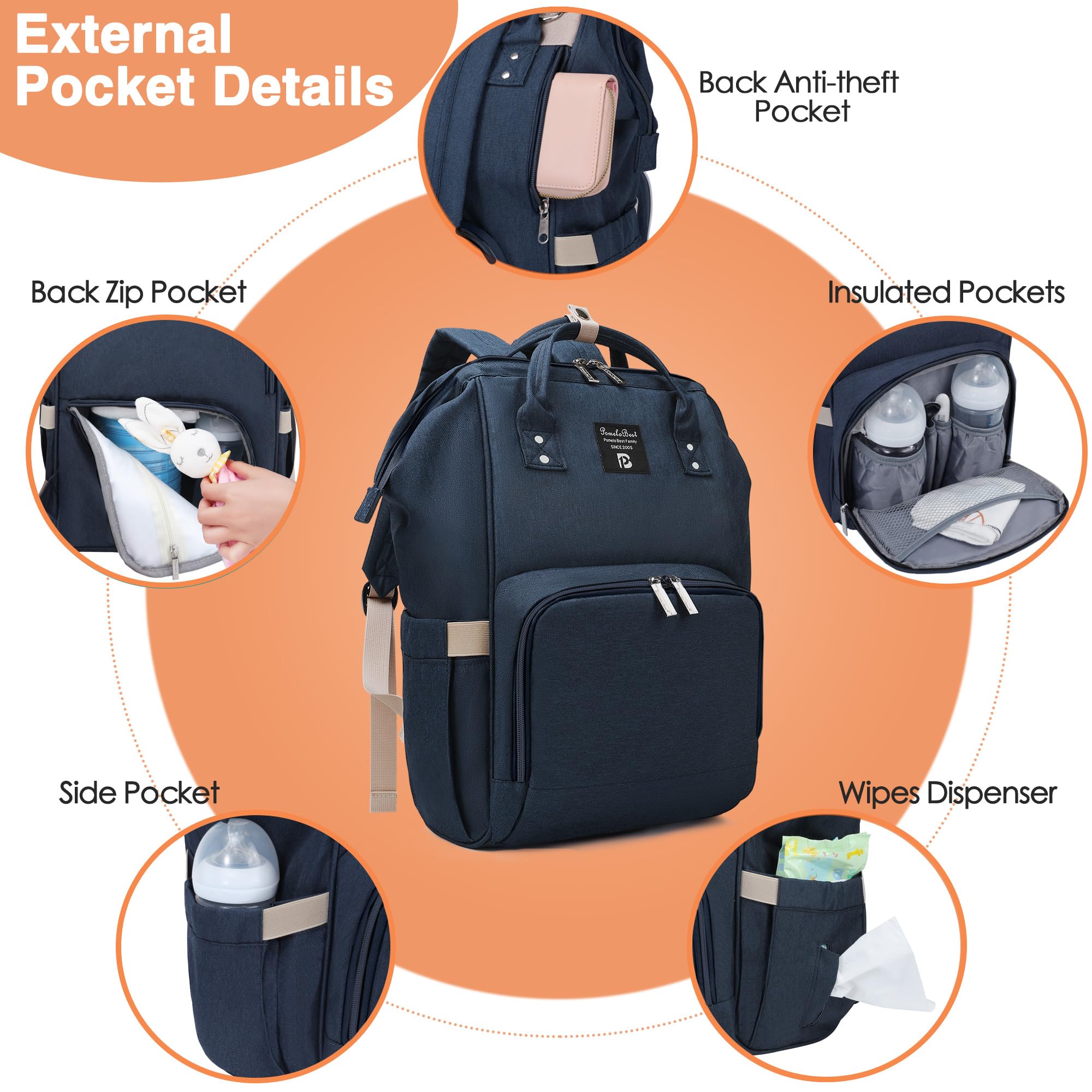 Zaino Mamma Multifunzione neonato Fasciatoio Bambino impermeabile Borsa Nappy Stoffa Oxford Grande capacità con Materassino fasciatoio, 2 tasche isolanti bottiglia per Viaggiare mamma papà, Blu Scuro