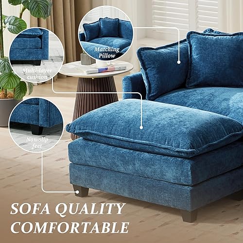 Miniatura 4 de SoarFlash Juego de sofá modular de felpilla, en forma de L de 3 asientos, con otomana, cómodo, moderno, para sala de estar, azul oscuro
