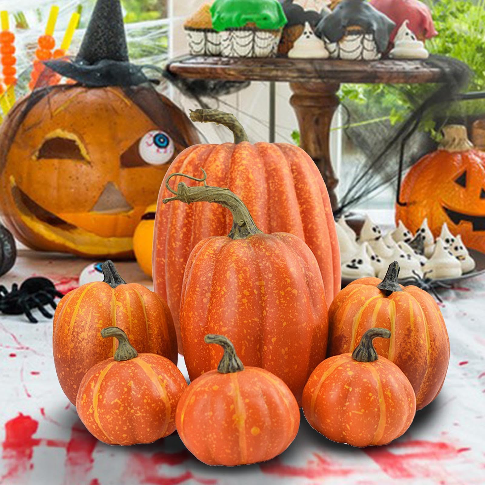 Calabazas Espuma Para Manualidades 7 Piezas Calabazas Artificiales Espuma | Modelo De Verduras Artificiales De Otoño Para Interior Para Otoño Halloween Hogar Sobremesa Mesa Comedo