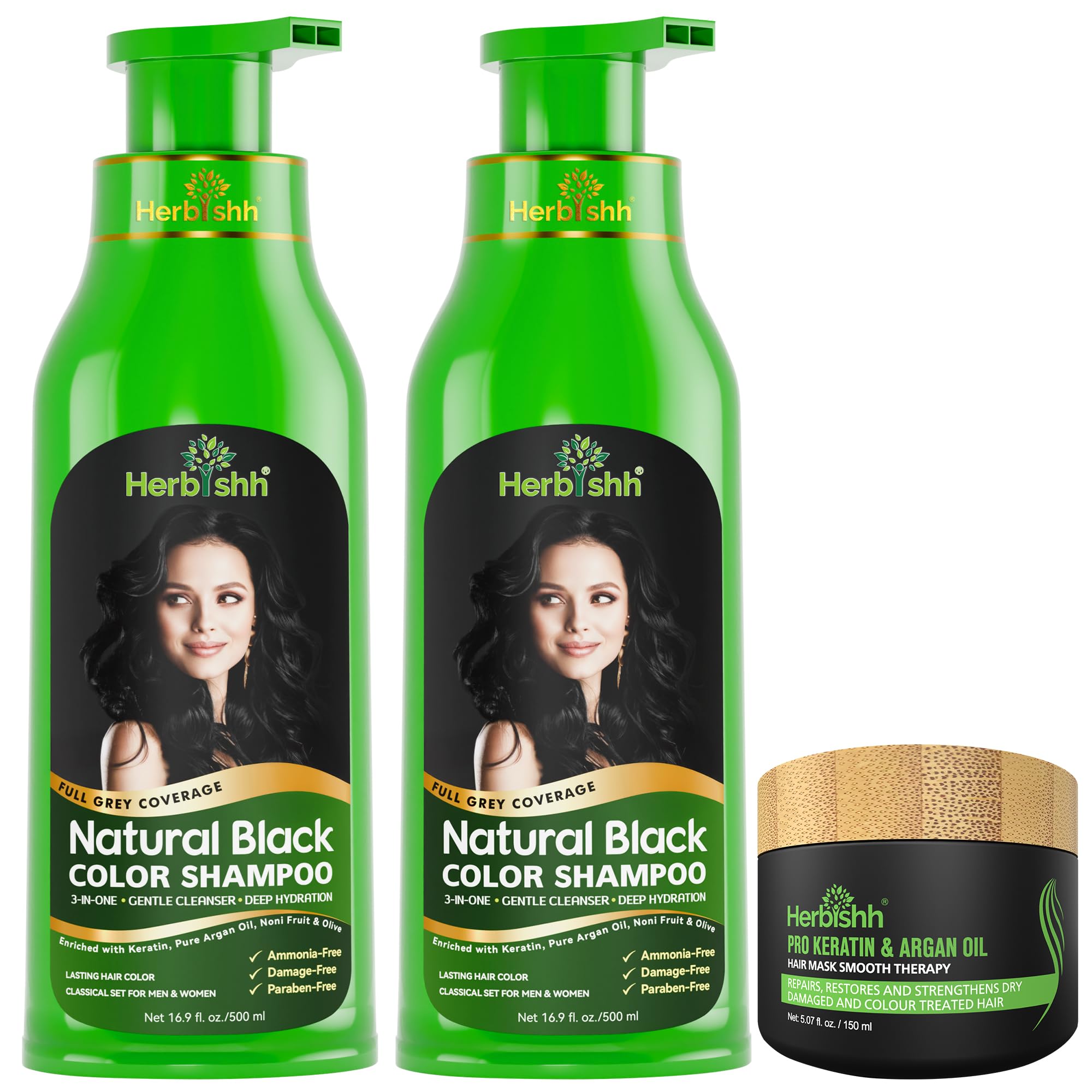Combo Pack-2pcs Herbishh Hair Color Shampoo + 1pc Argan Intense Hair Mask- Dye Shampoo – Colors in Minutes – Long-lasting color– 500 Ml (Black)