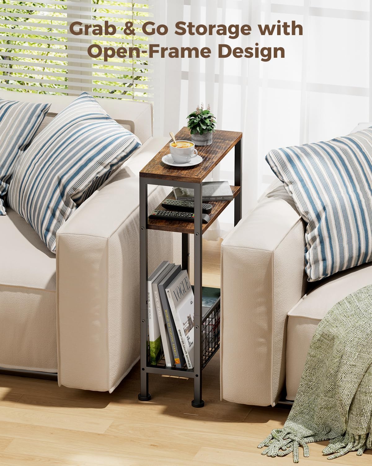 Karii Narrow Side Table, Skinny End Table for Small Spaces with Storage, 3-Tier Slim Wooden Bedside Nightstand Thin Couch Table for Living Room Bedroom Office Dorm Kitchen Bathroom (2, Rustic Brown)