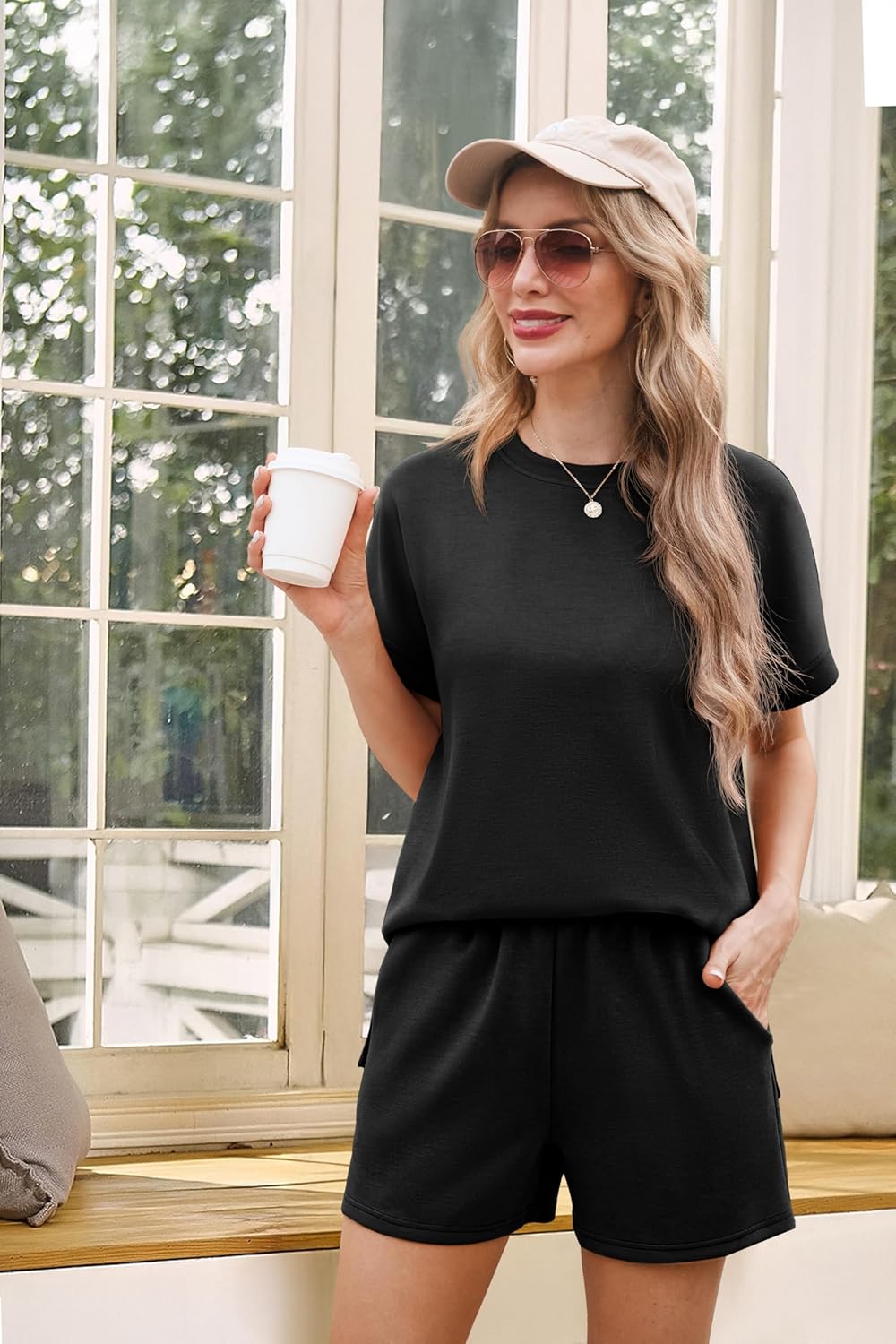 IWOLLENCE Womens 2 Piece Sets Summer Lounge Set Casual Short Sleeve Round Neck Tops and Elastic Waist Short Outfits Tracksuit - Image 2