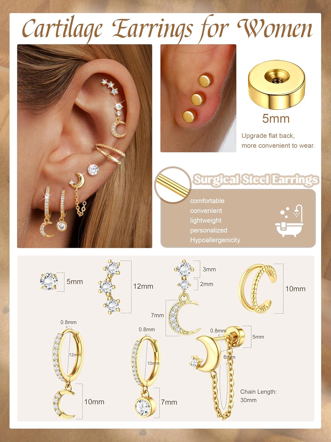 Dochais Flat Back Cartilage Earrings for Women Trendy Dainty CZ Flatback Studs Earing Sets 14k Gold Plated Hypoallergenic Huggie Hoops Earring Stacks for Multiple Piercing - Image 3