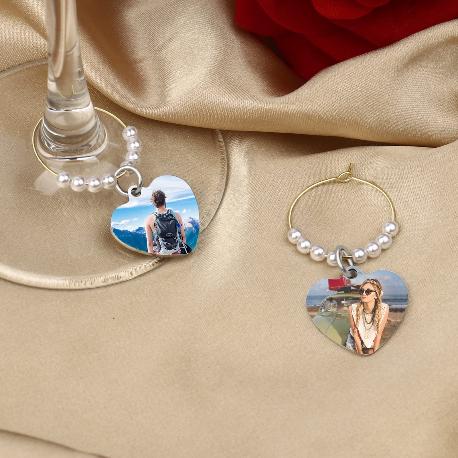 Breloques personnalisées avec photo en forme de cœur pour verres à vin, marqueurs, jour de mariage, anniversaire, Acier inoxydable