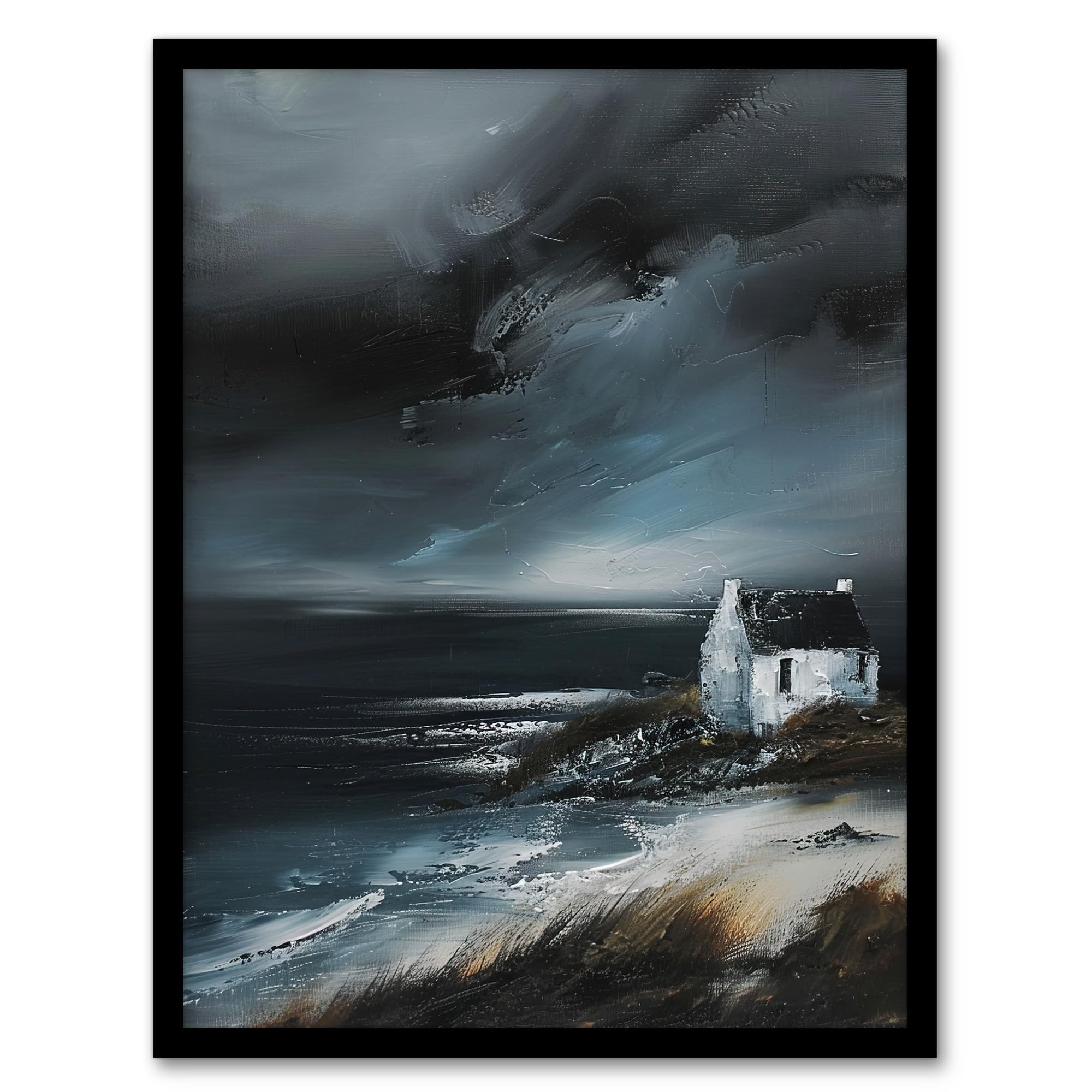 Scottish Coastal Cottage Oil Painting - Framed Art Print - A4 Size - Grey