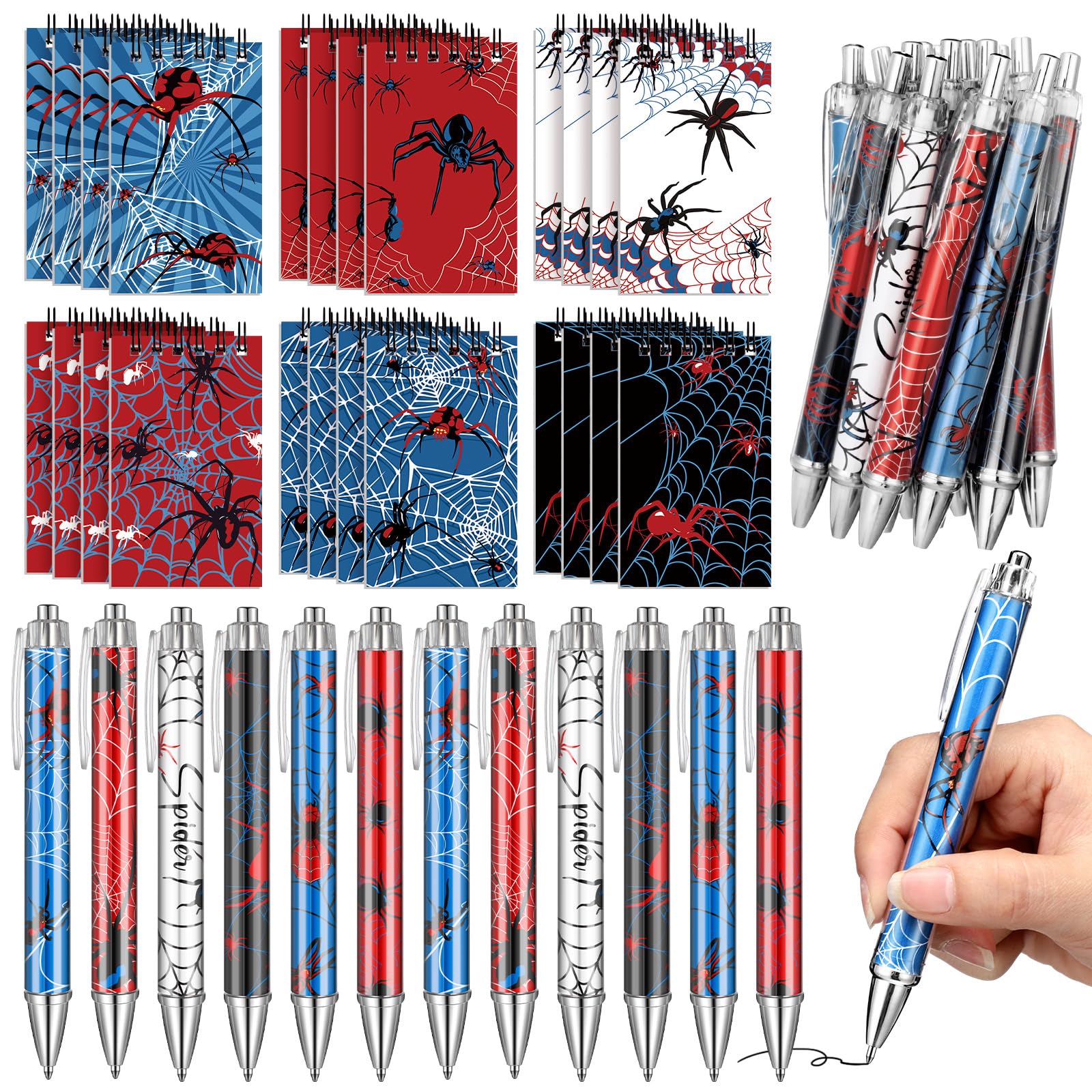 Weekgrat 48 Piece Spider Party Decorations Include 24 Pcs Spider Spiral Notepads Mini Notebooks 24 Pcs Spiders Ballpoint Pens for Spiders Party Favors