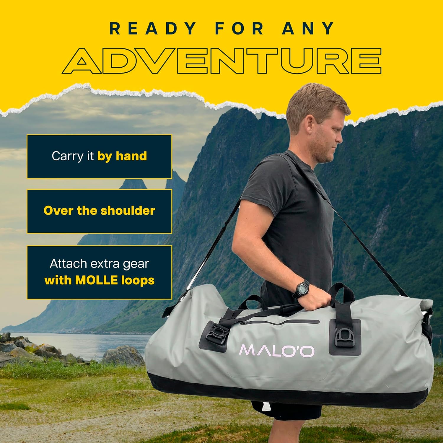 Malo’o Waterproof Dry Duffel, Heavy-Duty Roll Top Waterproof Gear Bag with Shoulder Strap & Molle Loops, Marine Duffel for Kayaking, Boating, Camping, Beach & Travel, Grey, 100L - Image 4