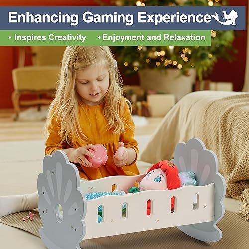 Miniatura 7 de ROBUD Cuna de madera para muñecas, cama de muñeca con ropa de cama acogedora, se adapta a accesorios de muñeca de hasta 18 pulgadas (azul)