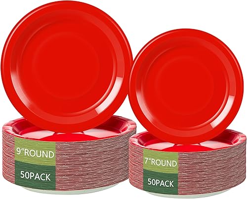 Birthdayparties Platos redondos desechables de papel rojo, platos de papel de cena de 50 x 9 pulgadas y platos de papel de postre de 50 x 7