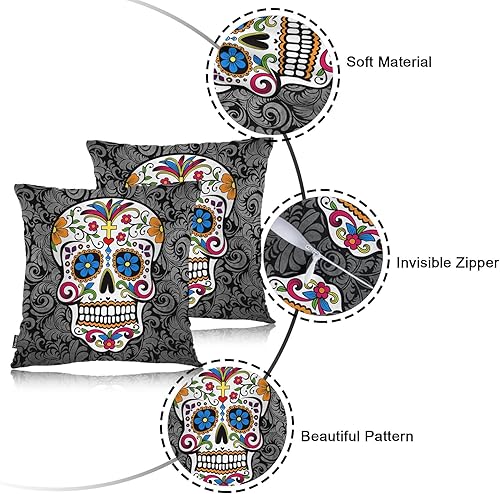 Miniatura 7 de Swono Juego de 2 fundas de almohada cuadradas de 18 x 18 pulgadas, fundas de almohada suaves con diseño de calavera de azúcar mexicana, fundas de