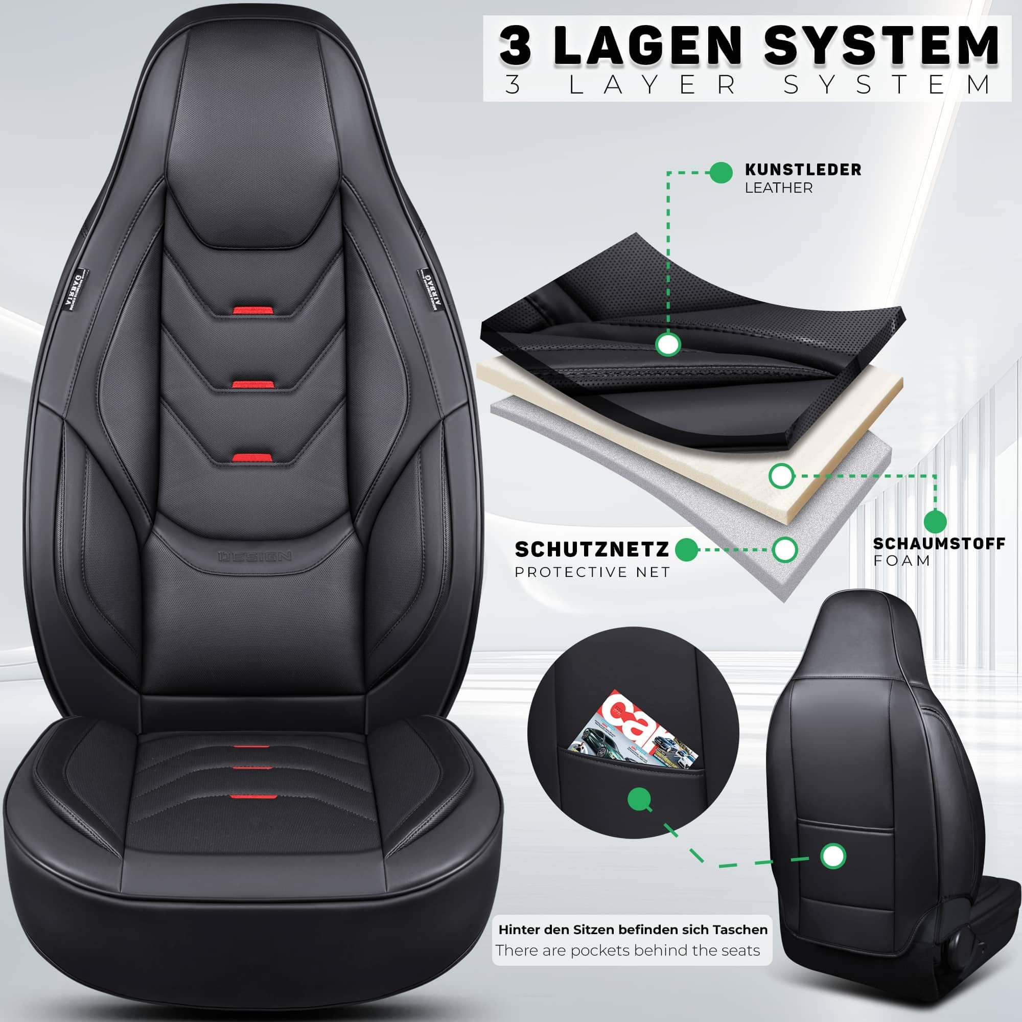 Autositzbezüge Universal für PKW & SUV – Premium Schonbezüge Komplettset Schwarz, hochwertig verarbeitet für mehr Sitzkomfort, Airbag-kompatibel Sitzauflage, für Vorder- und Rücksitze