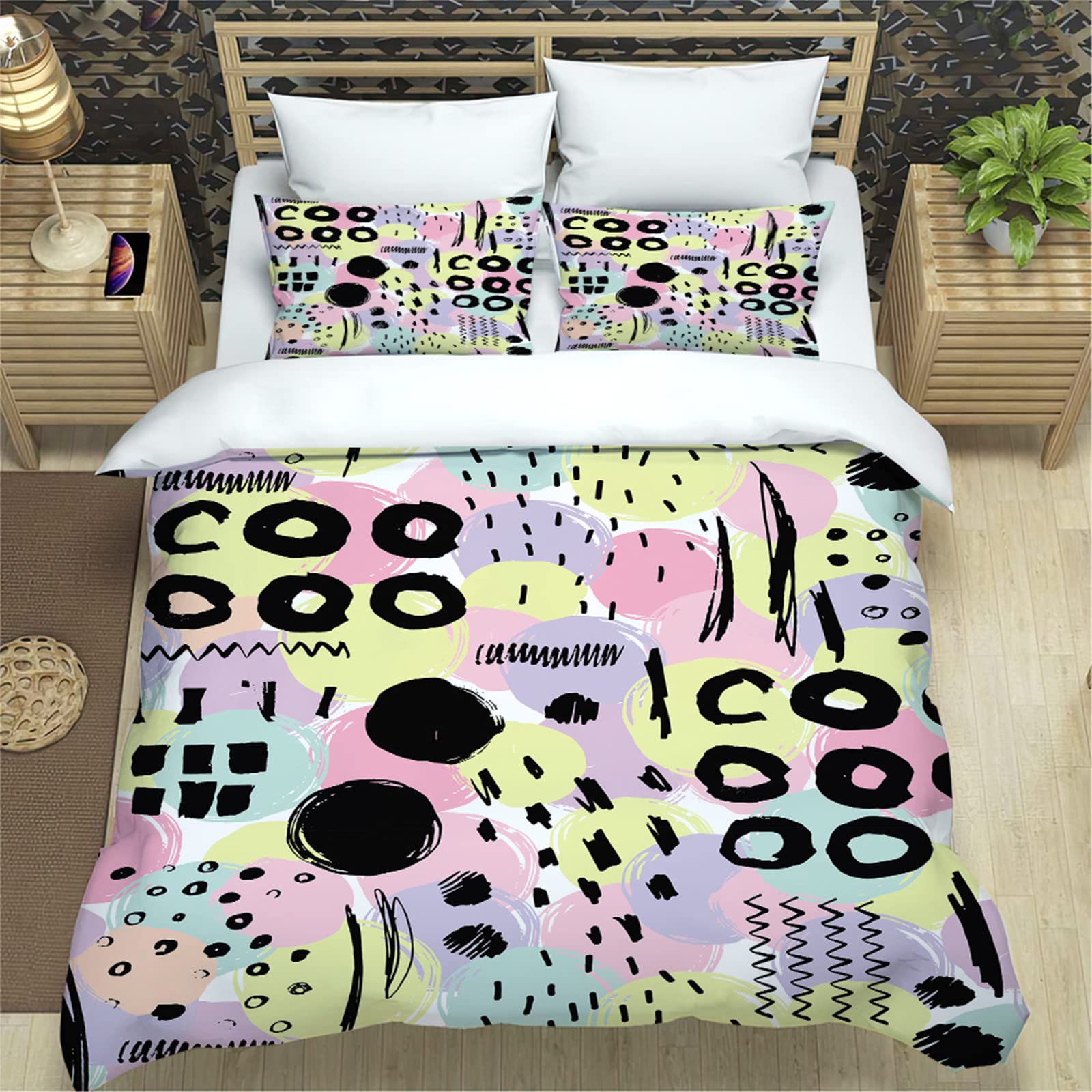 Hixingo 3D Astratto Set di Biancheria da Letto in Microfibra, Morbida Traspirante Set Copripiumino e Federe Adatto e Bambini Adulti (Graffiti Pois,220x260cm)
