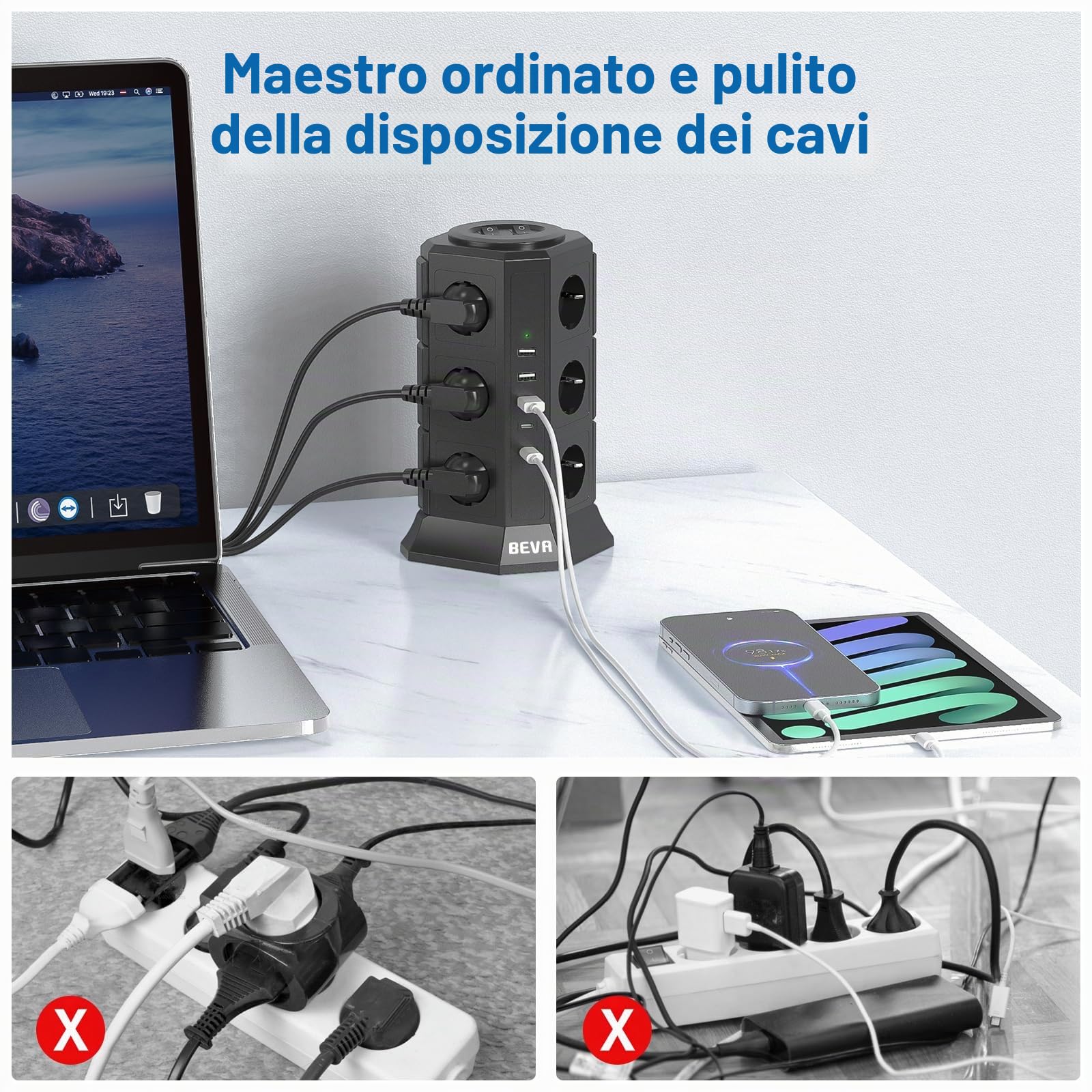 BEVA - Ciabatta elettrica a 12 prese, 5 prese USB, multipresa, protezione da sovratensioni e cortocircuito (con 2 interruttori e cavo da 2 m, 2500 W/10 A)