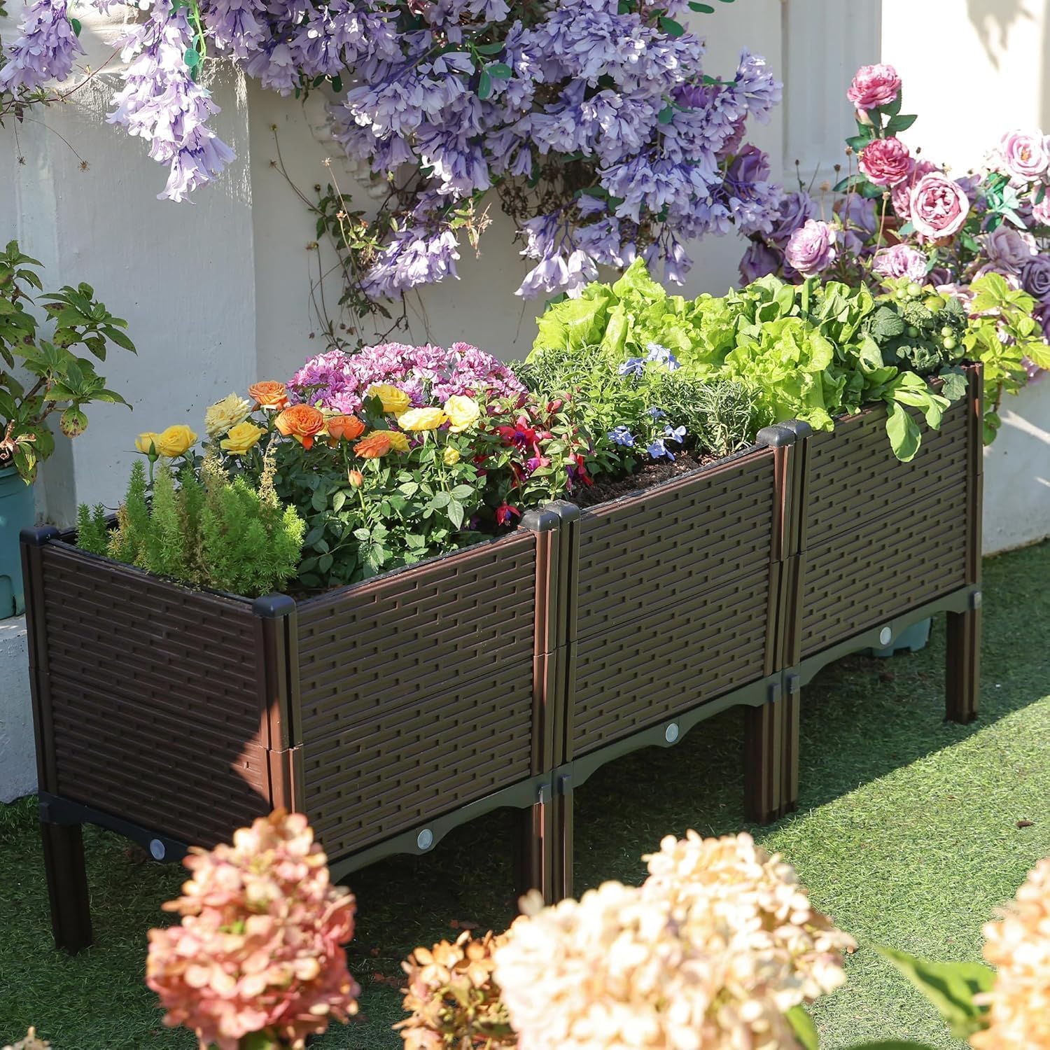 Raised Garden Beds Outdoor, Polypropylene Elevated Planter Boxes Outdoor for Vegetables, Flowers, Herbs, Garden Box with Drain Outlet, Heat and Frost Resistance Planters, 300lb Capacity (46X15X20in)