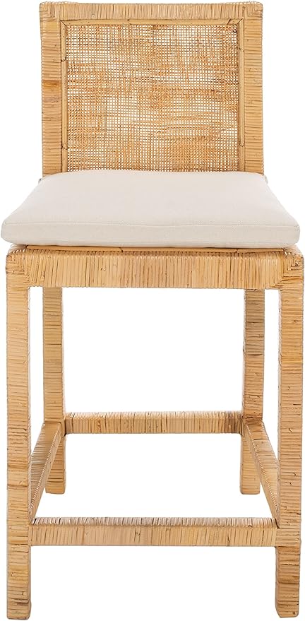 SAFAVIEH Furniture - Tojo Cane Counter Stool - 23.23" Seat Height - White & Natural - Mango Wood - Coastal Cane Design - Ideal for Kitchen, Bar Area, Dining Room - Fully Assembled (BST6502A)