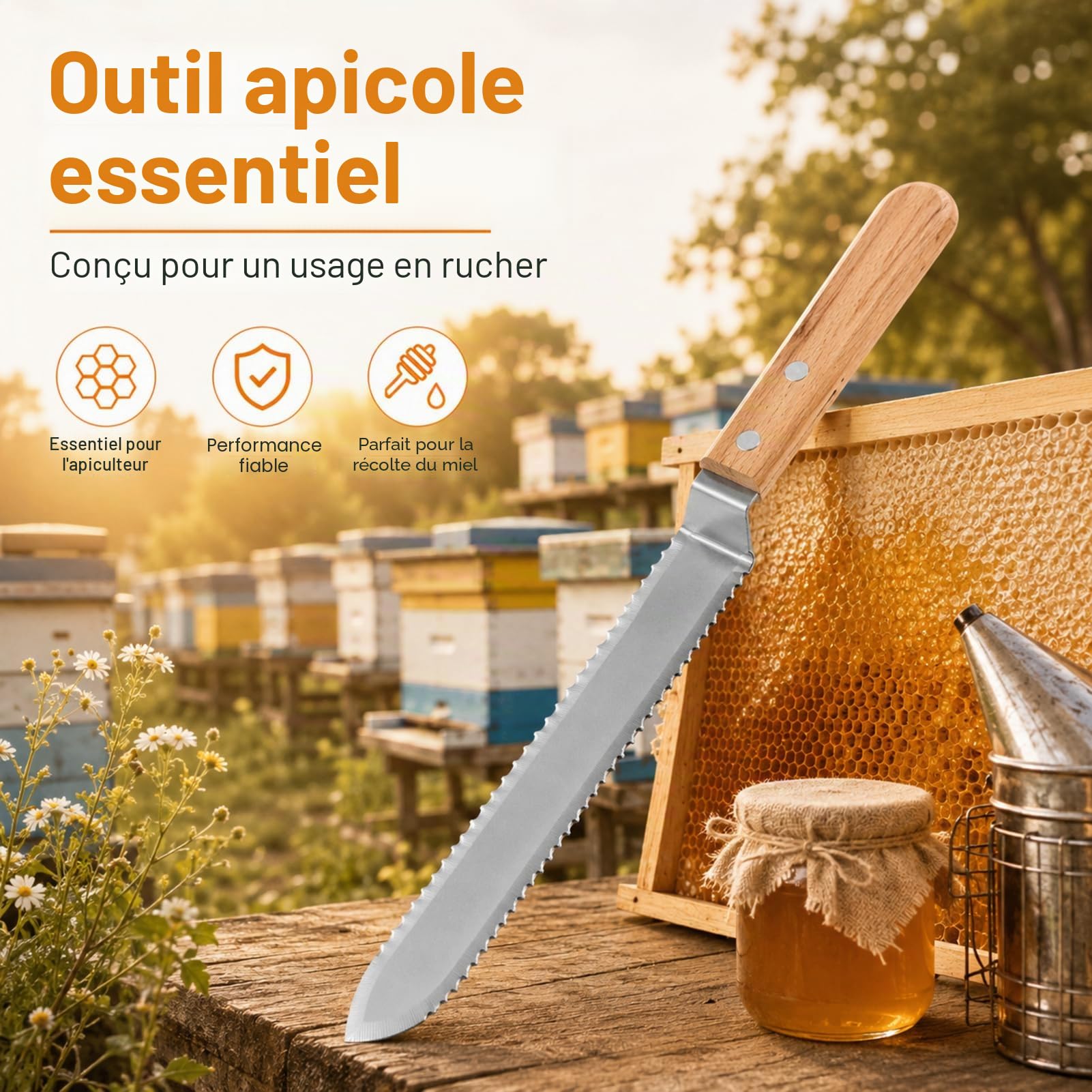 Couteau à guêpe coupé au miel de 280 mm, lame dentelée, outil pour l'apiculture, couteau à décapsuler, extracteur, grattage, fournitures pour l'apiculture, outil de