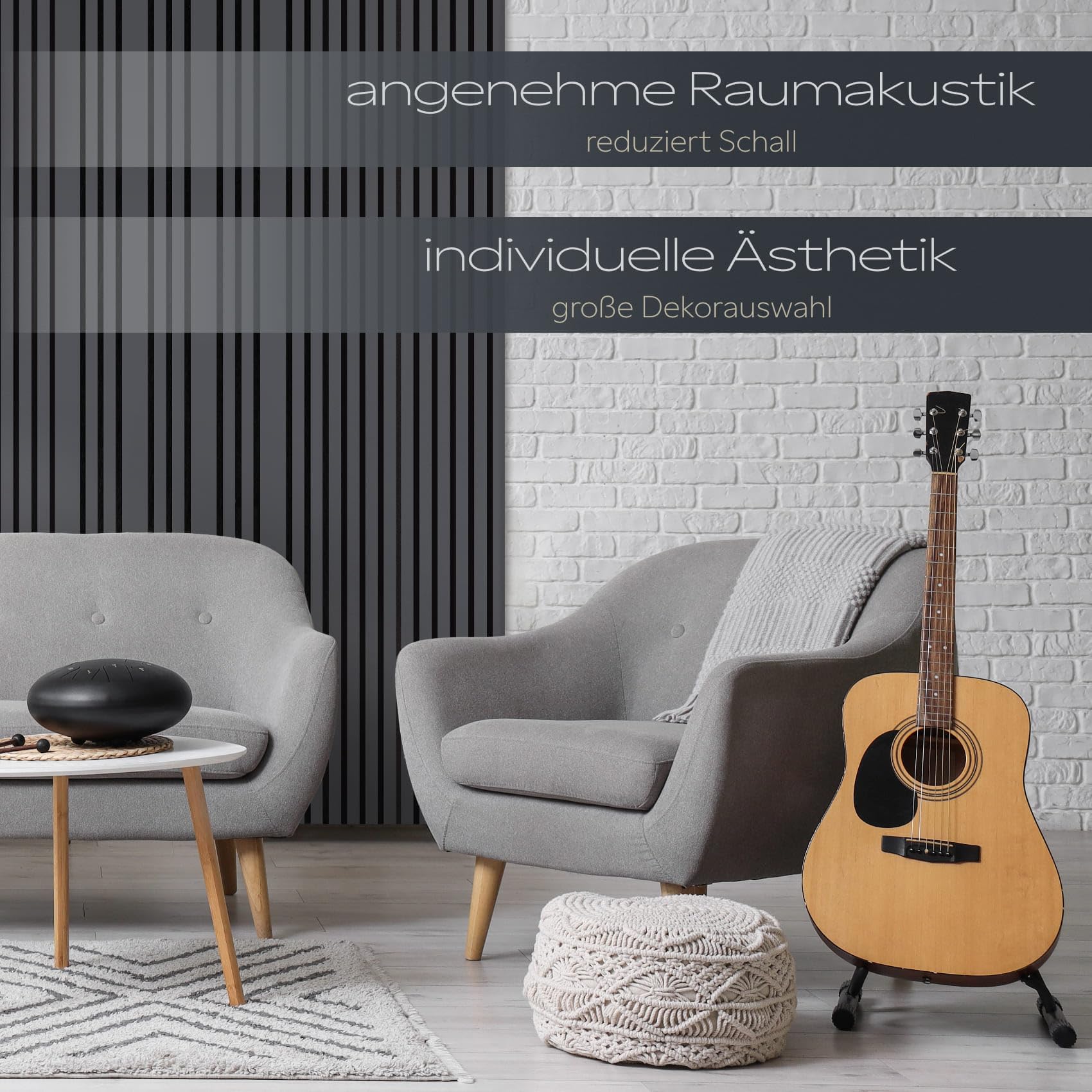 HEXIM Akustikpaneele 6 Stück 278x60cm Holz Mila - flexible Holzpaneele Platten Wandpaneele Wanddeko Kombipaneel Wandverkleidung Schalldämmung Akustikfilz anthrazit (10.02m² Black Lead)