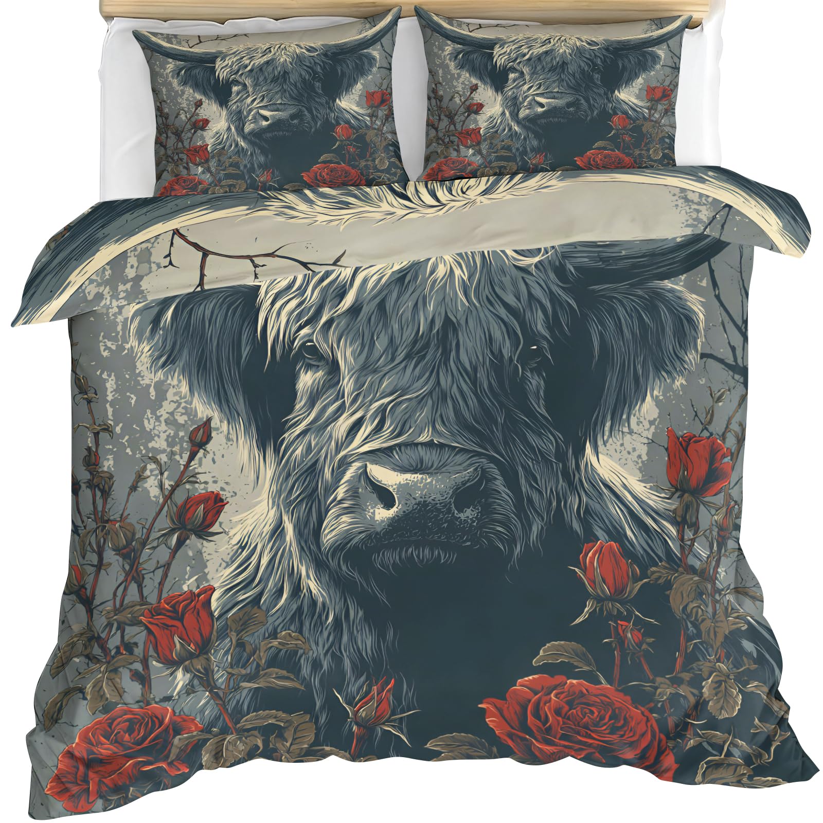 YEMYOR Highland Cow Flower Duvet Cover 230x220 cm, Retro Farmhouse Highland Cattle Bedding Set, Western Funny Animal Comforter Cover with Hidden Zipper