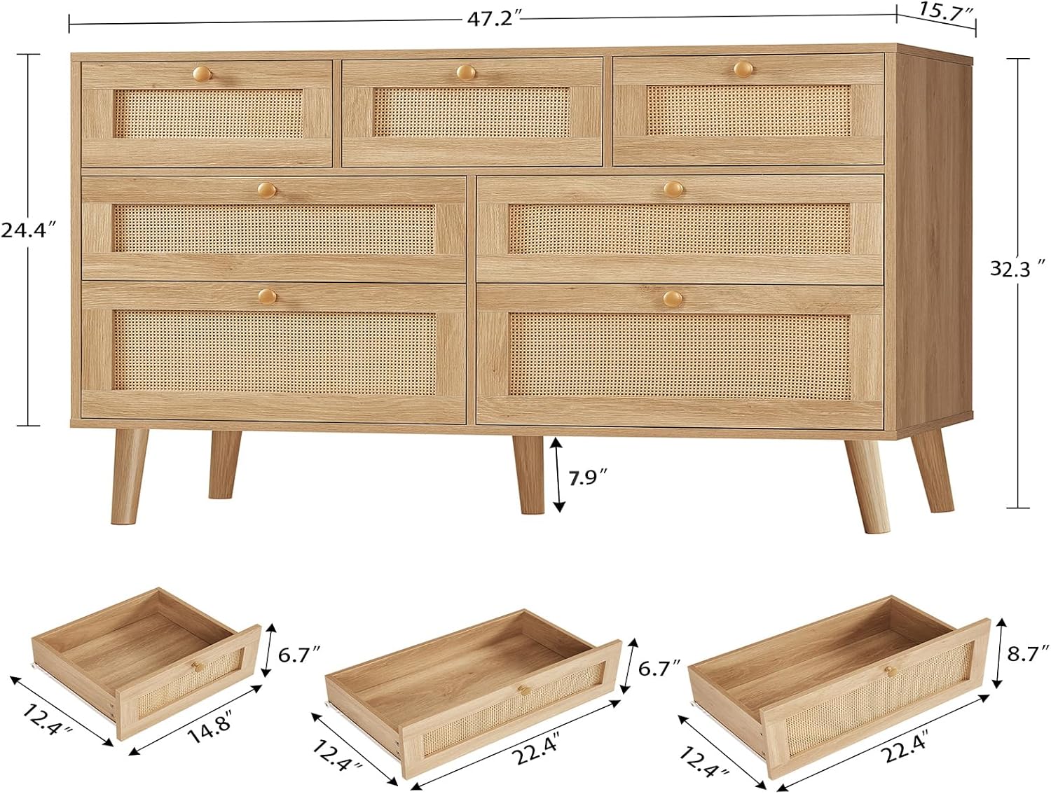 TEENFON Dresser for Bedroom, 47.2''Wide 7 Drawer Rattan Dresser, Wood Dressers TV Stand, Boho Dressers & Chests of Drawers for Bedroom, Entryway, Natural