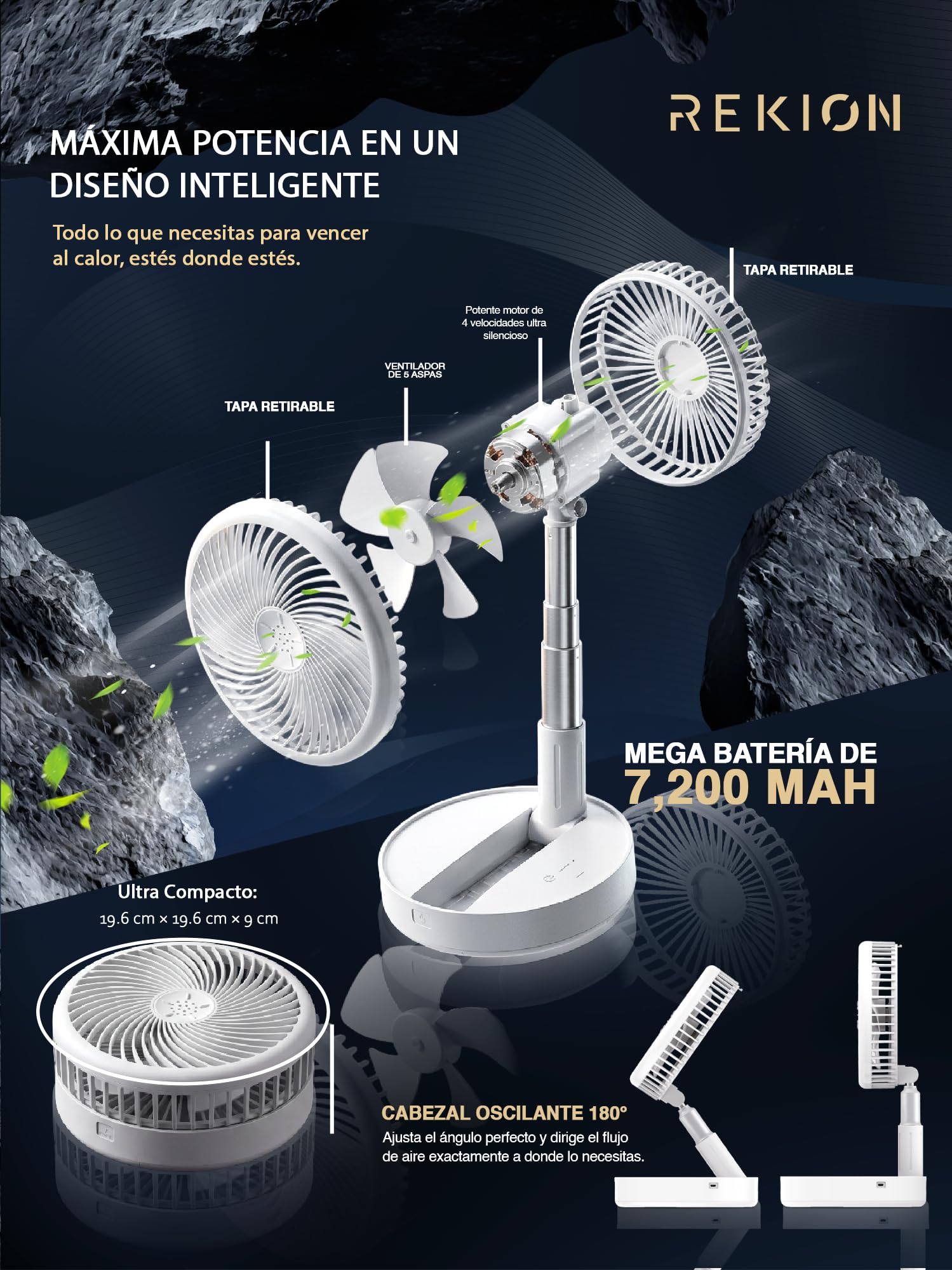 REKION® Ventilatore a piantana ultra silenzioso, 30 dB, pieghevole, di alta qualità, portatile, ricaricabile, 4000 mAh, USB-C, 4 velocità, regolazione a 180°, scrivania, campeggio e viaggi, altezza