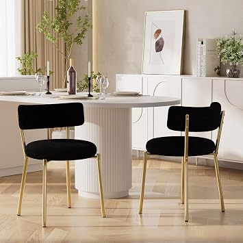 Boucle Dining Chairs Set of 2, Modern Round Upholstered Dining Chairs, Curved Backrest Kitchen Dining Room Chairs, Mid-Century Black Dining Chair with Golden Metal Legs