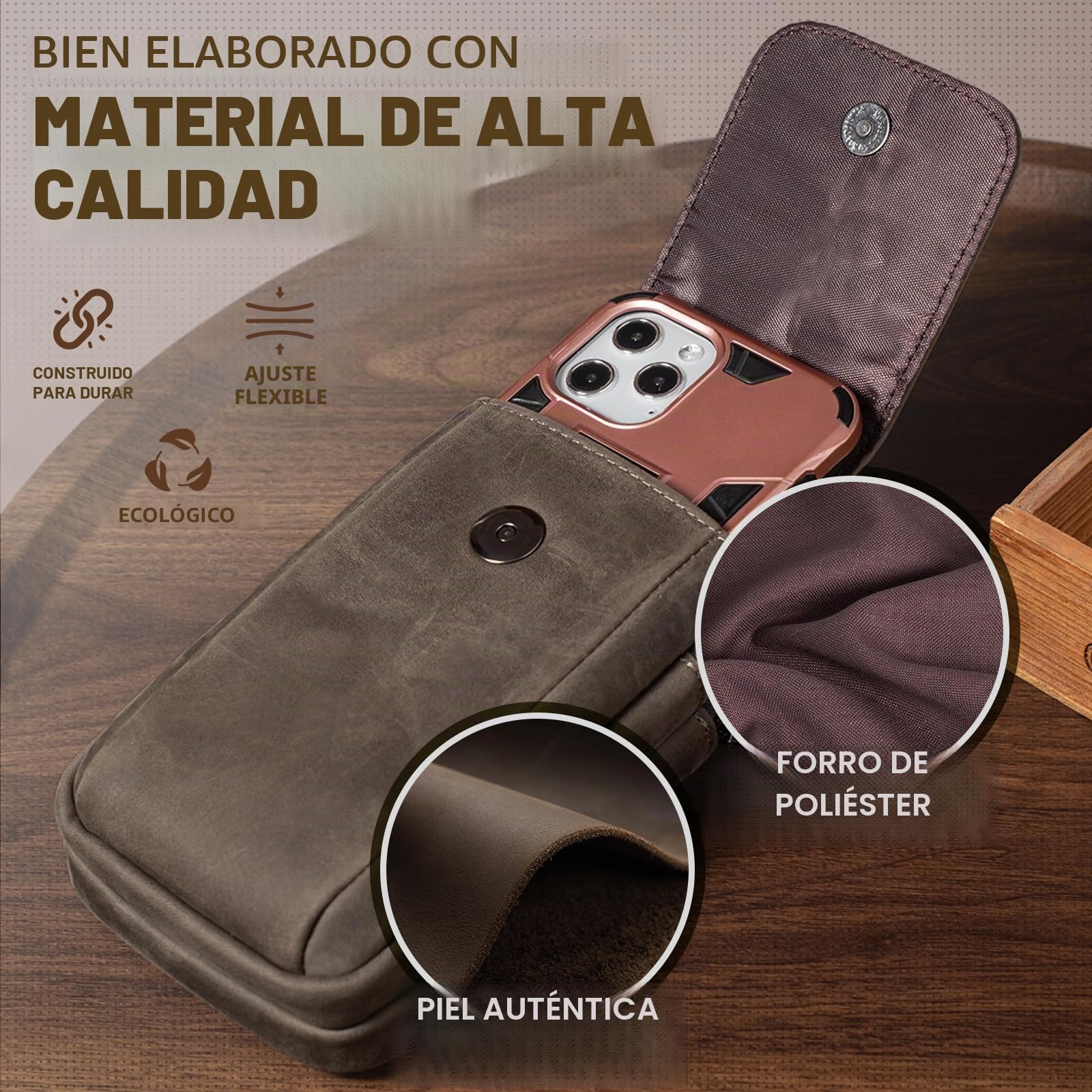 Cuero Genuino Bolsa para móvil, Bolsa de Cinturón, Funda Movil Cinturon para Hombre, Fundón de Teléfono, Bolso Cintura con Presilla (Grey)