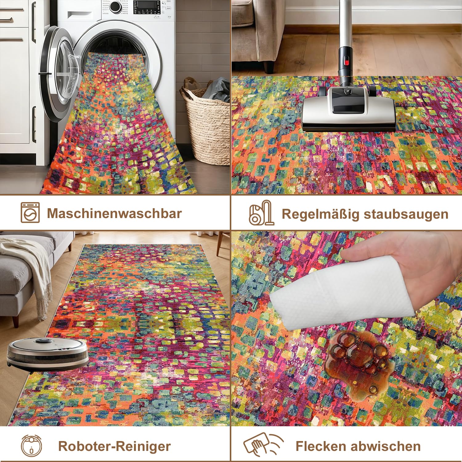 WTHYGB Teppich Läufer 80 x 300 cm, rutschfest Waschbar Teppichläufer, Küchenläufer Abstraktes Design für Eingang, Küche, Wohnzimmer & Büro, Bunte Punkte