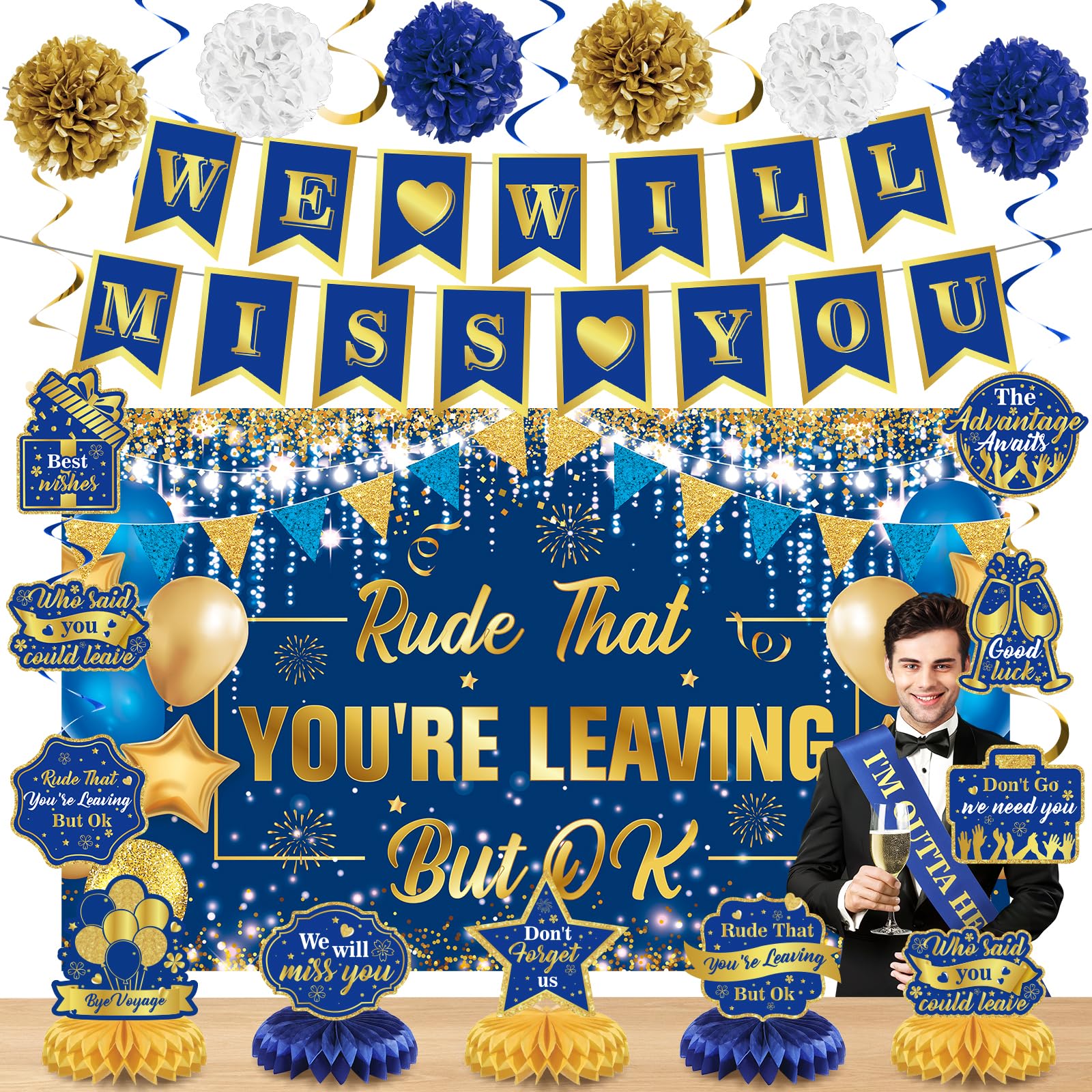 Farewell Party Decorations Blue Gold We Will Miss You Banner Honeycomb Centerpiece Rude That You're Leaving But Ok Backdrop Hanging Swirls for