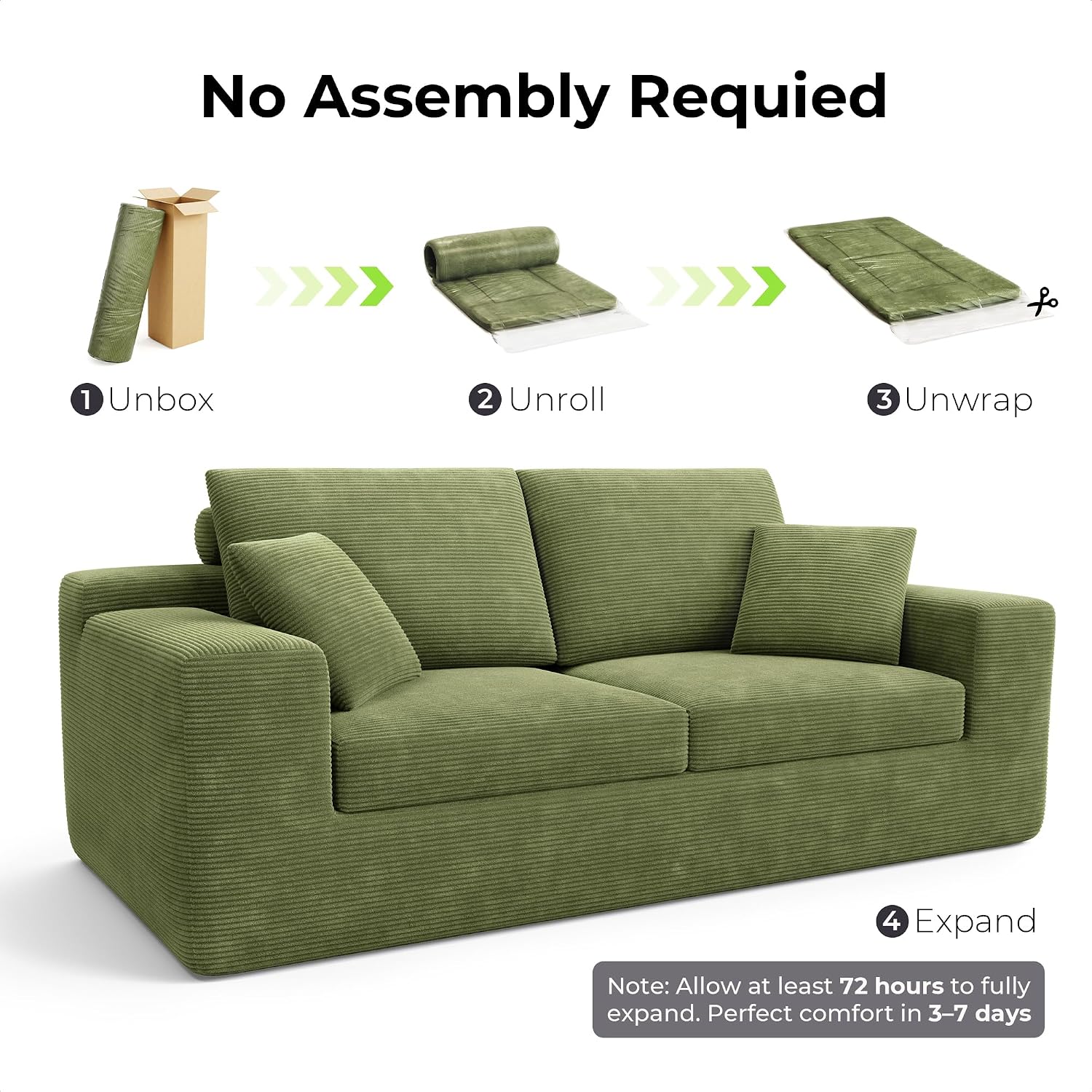 LIKIMIO 78" Loveseat Sofa in a Box, Cloud Boneless Couch for Living Room with Comfy Deep Seat, No Assembly Required, Modern Upholstered Corduroy Sofa, Apartment, Home Office, Green