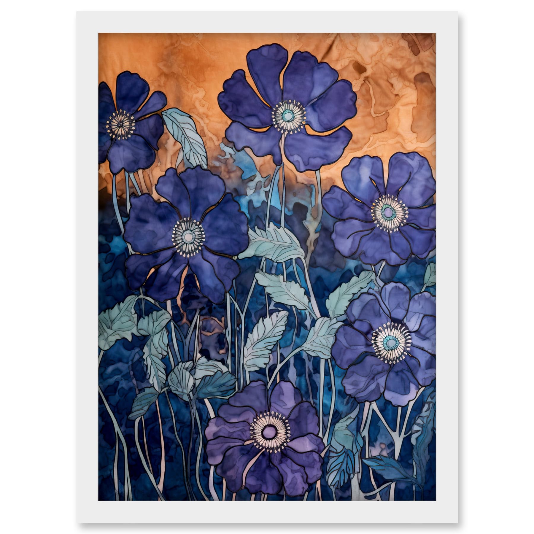 Artery8 Anemone Flower Blue and Amber Watercolour Painting Artwork Framed A3 Wall Art Print