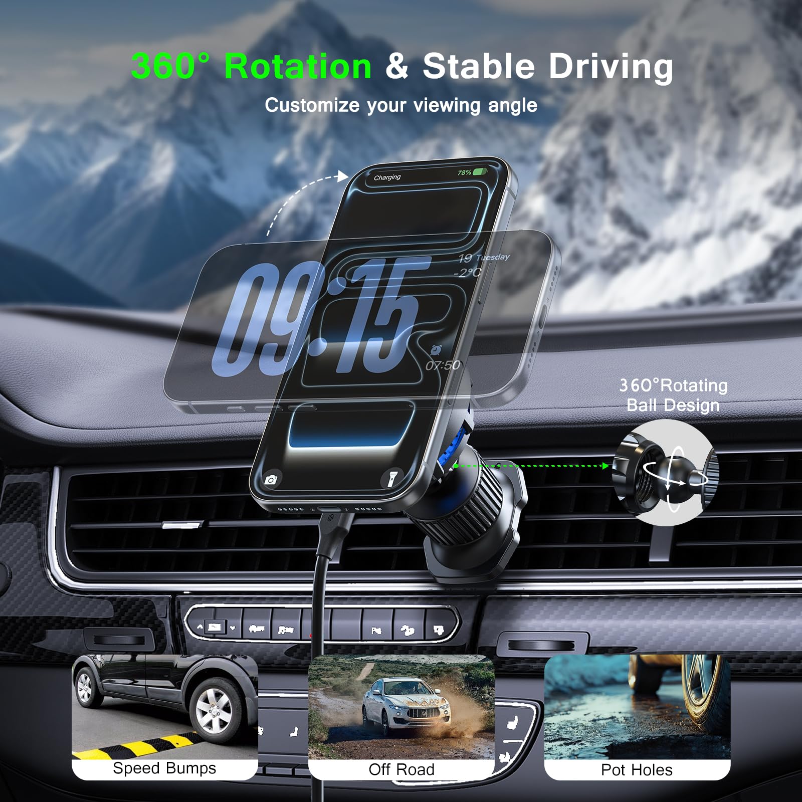 Esoulk [2026 Upgraded] Qi2 25W Fast Wireless Car Charger with Active Cooling Fan for Heat Protection, MagSafe Compatible Magnetic Air Vent Mount with Locking Clip, Phone Holder for iPhone & Android — view 4